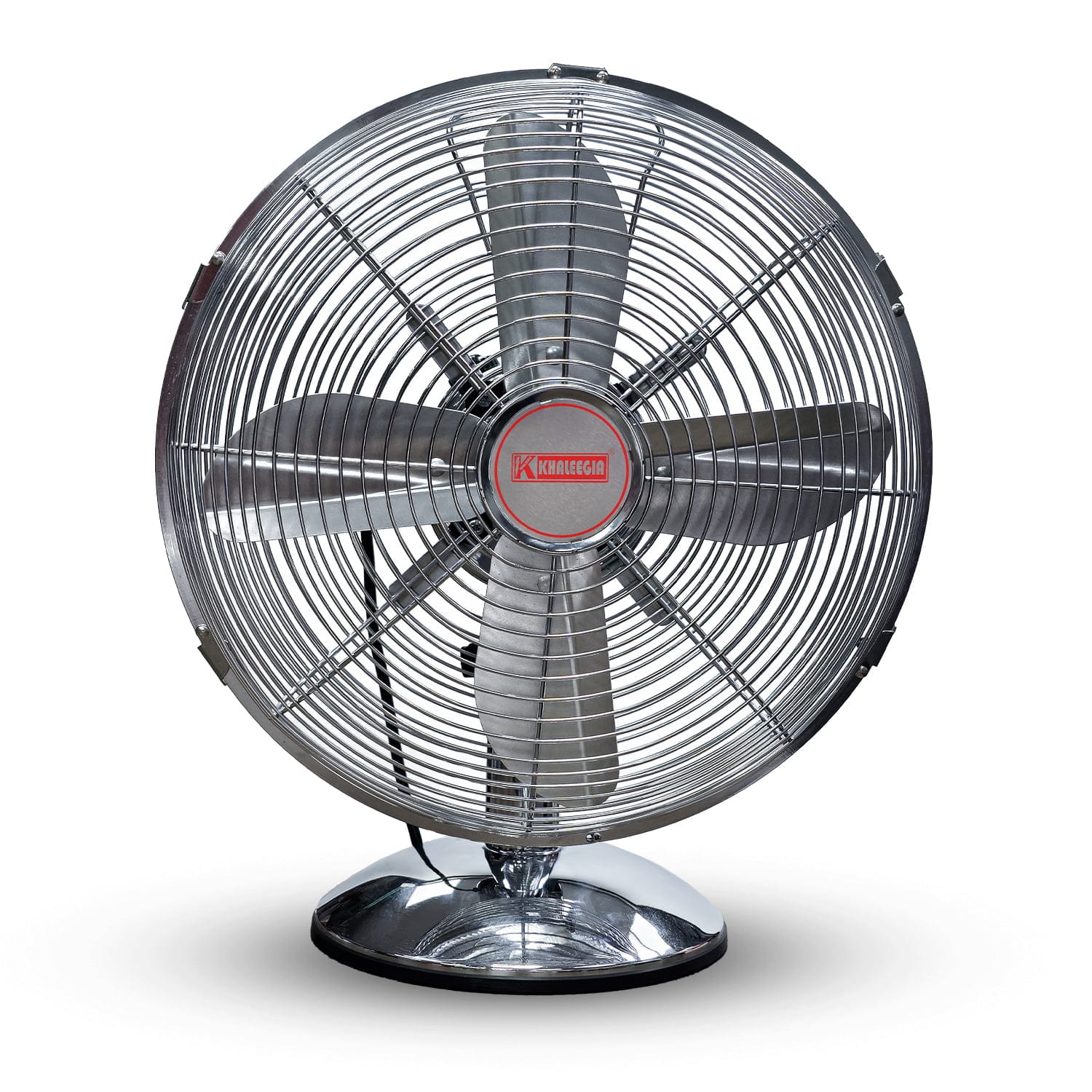 Khaleegia K-T30 12-inch chrome stainless steel table fan with four aluminum blades and red K logo on the hub, front view