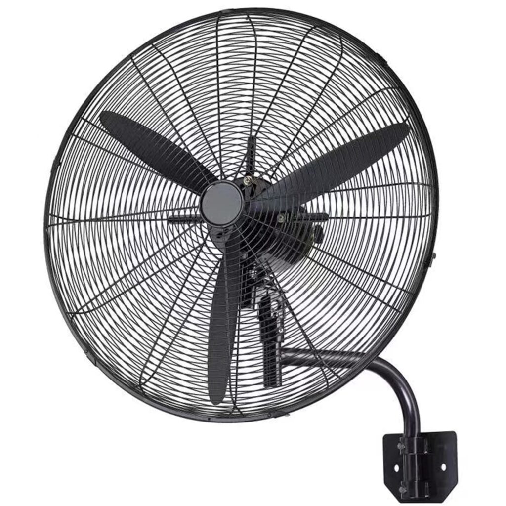 Airex XBF-650 26-inch black industrial bracket wall fan with three black aluminum blades, black wire-mesh grill and curved black tubular wall-mounting arm, three-quarter front view