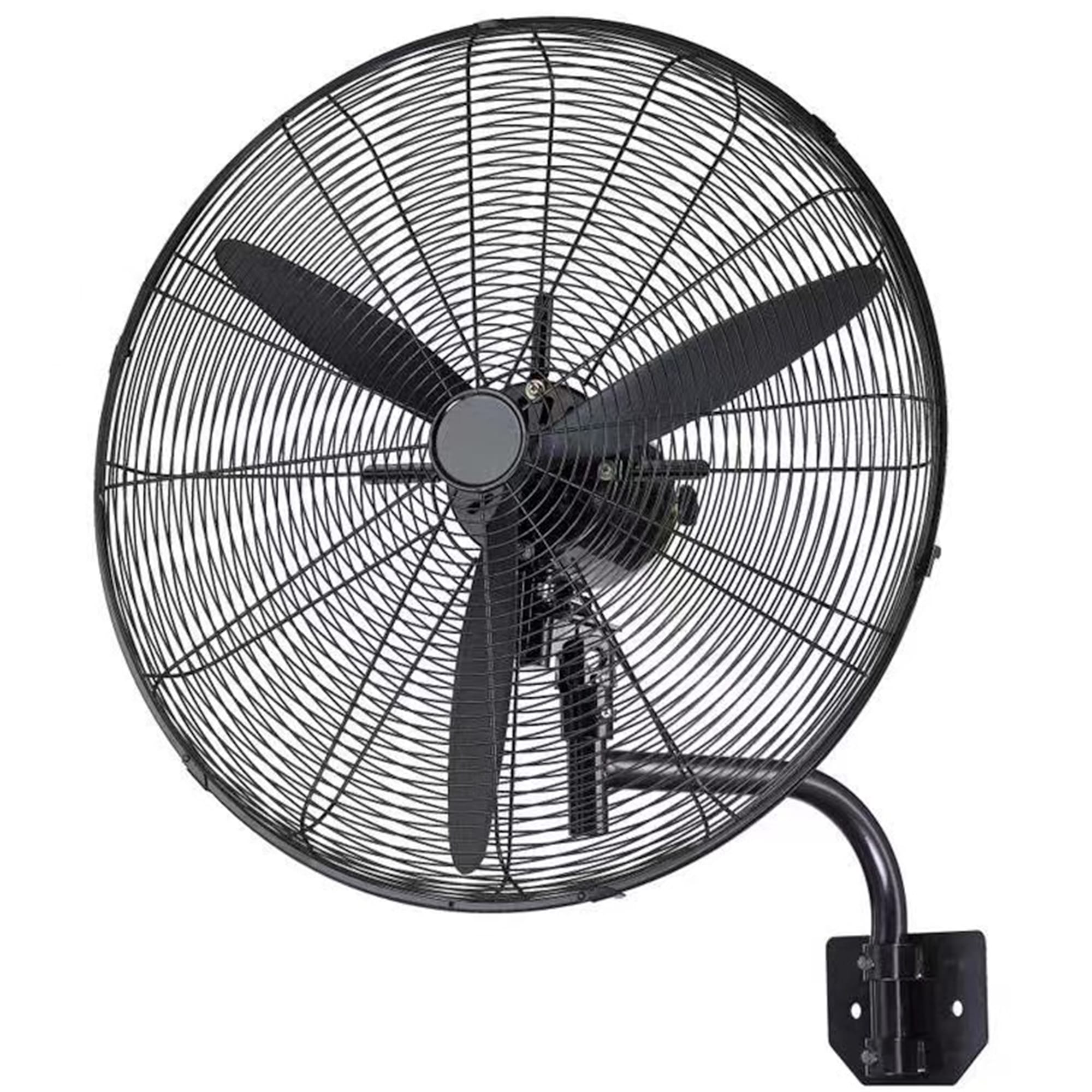 Airex XBF-650 26-inch black industrial bracket wall fan with three black aluminum blades, black wire-mesh grill and curved black tubular wall-mounting arm, three-quarter front view