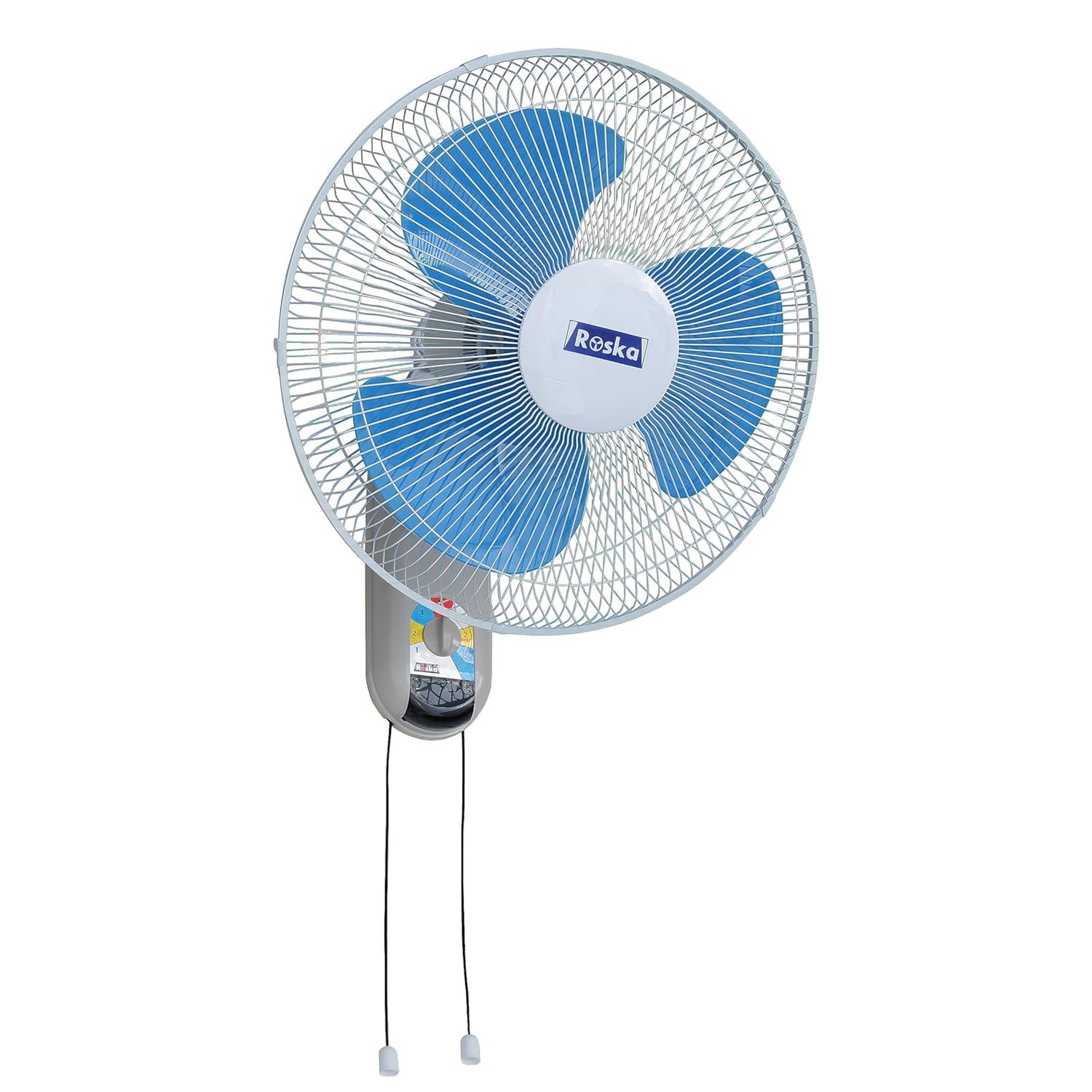 Roska RFB-40 16-inch wall fan with three blue PVC blades behind a white wire-mesh metal grill, white PVC body and two hanging pull cords, three-quarter front view