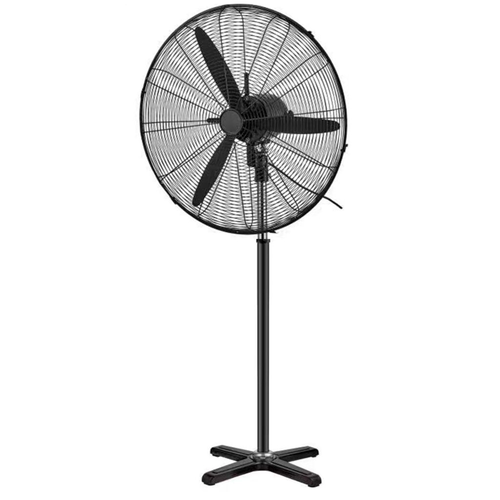 Airex XSF-750 30-inch black industrial pedestal fan with three black aluminum blades, black wire-mesh grill, tall black pole and 4-leg cross cast base, front view