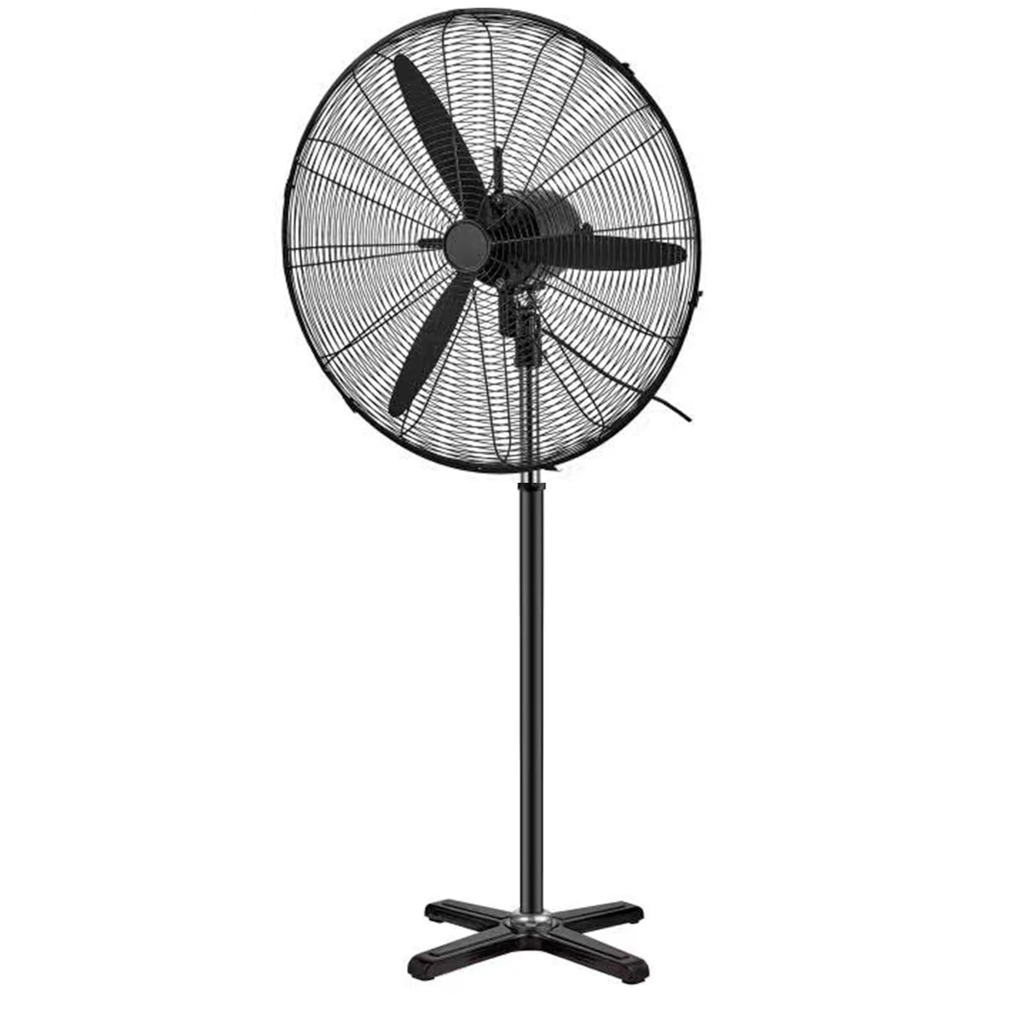 Airex XSF-750 30-inch black industrial pedestal fan with three black aluminum blades, black wire-mesh grill, tall black pole and 4-leg cross cast base, front view