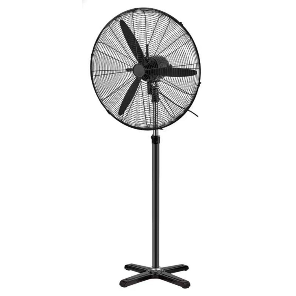Airex XSF-650 26-inch black industrial pedestal fan with three black aluminum blades, black metal wire grill, tall black pole and 4-leg cross cast base, front view