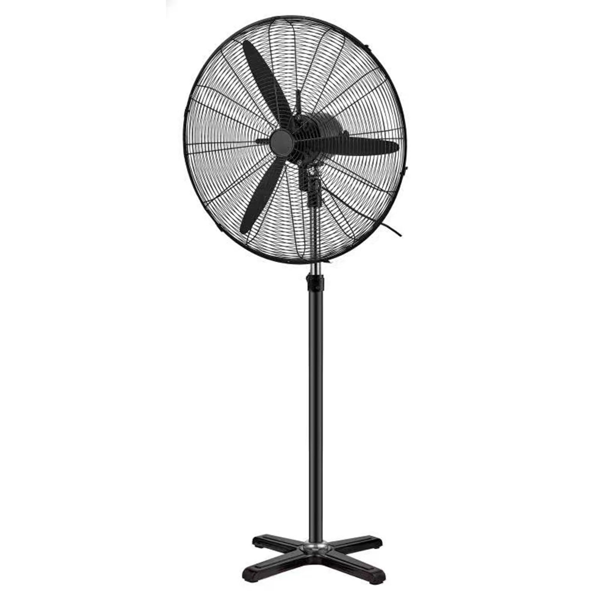 Airex XSF-650 26-inch black industrial pedestal fan with three black aluminum blades, black metal wire grill, tall black pole and 4-leg cross cast base, front view