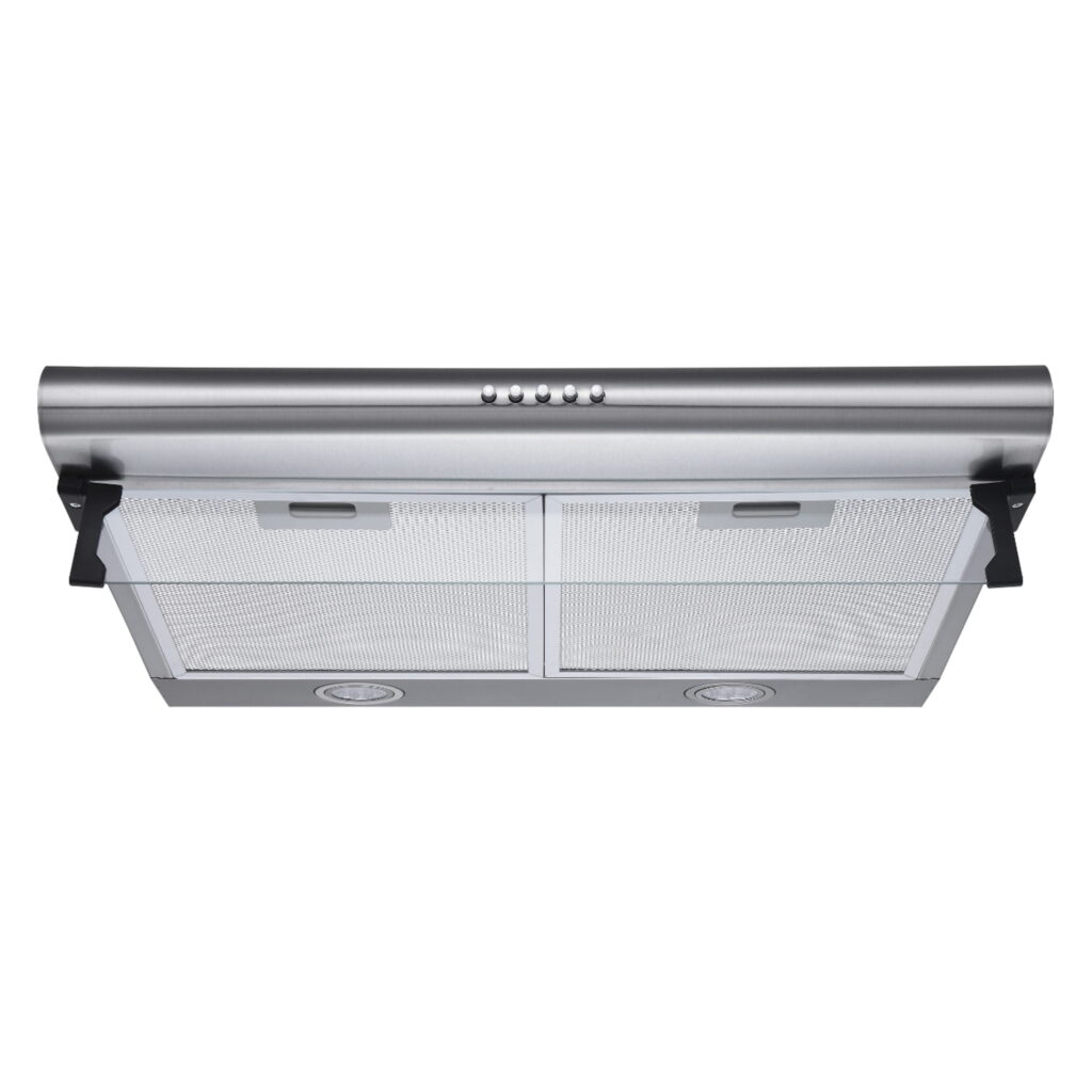 Brushed stainless steel Admore A-KH60S 60cm under-cabinet cooker hood with aluminum mesh filters, front view