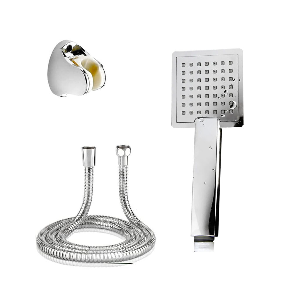 Eurospring SH-01 chrome ABS hand shower with square multi-jet spray face, flexible hose and wall bracket