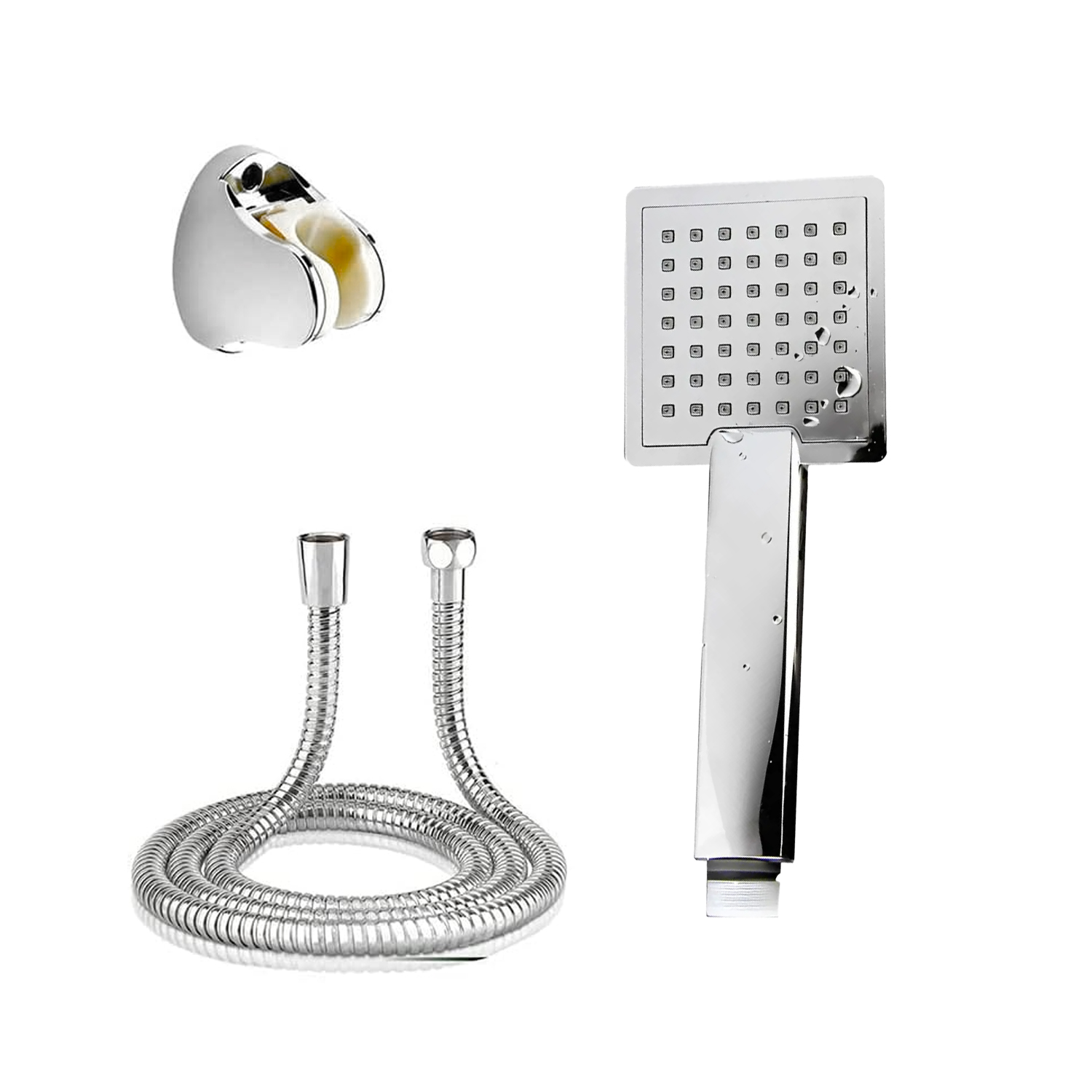 Eurospring SH-01 chrome ABS hand shower with square multi-jet spray face, flexible hose and wall bracket