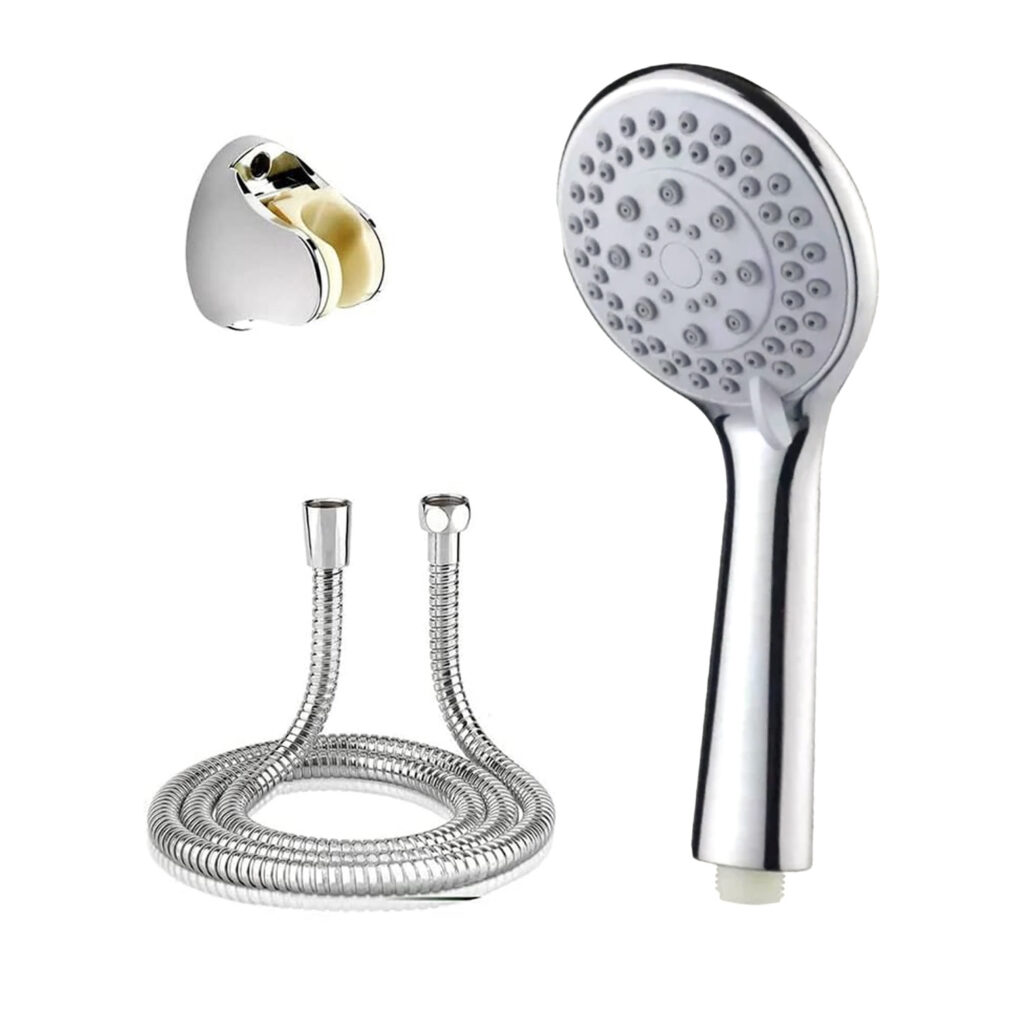 Eurospring SH-02 chrome 3-function ABS hand shower with massage, rain and mist spray modes, flexible hose and wall bracket