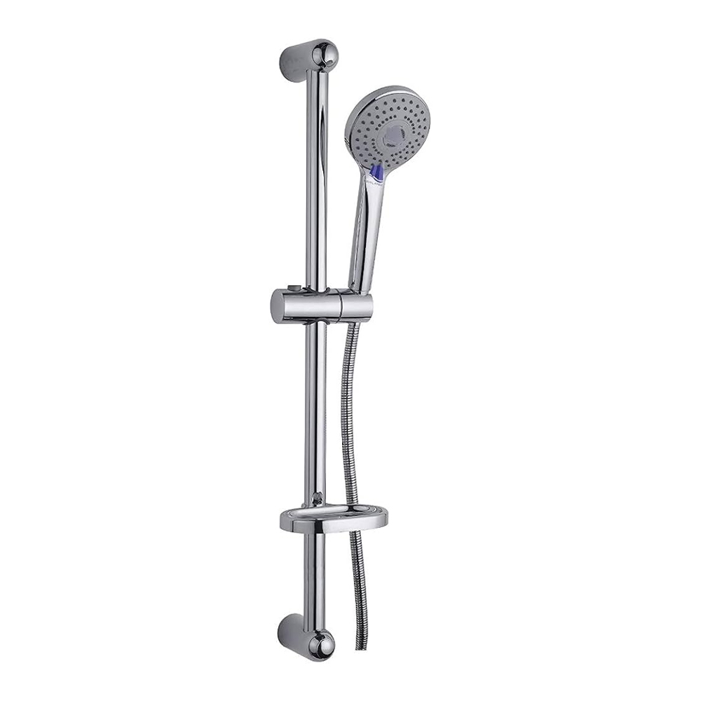 Eurospring SK-01 chrome shower slide-rail kit with vertical chrome rail, adjustable bracket, round multi-jet hand shower and flexible hose