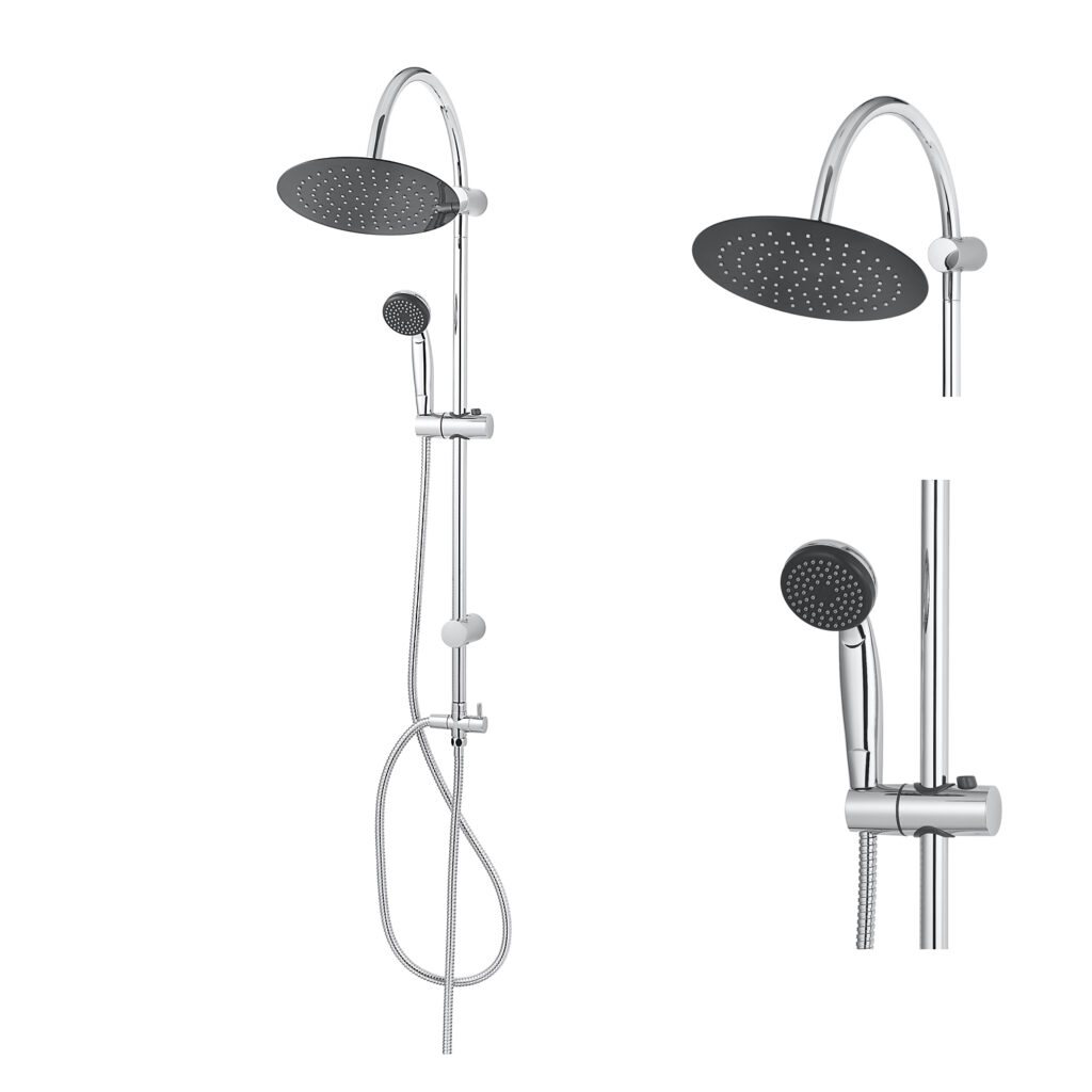 Eurospring SK-09 chrome shower column with round overhead rain shower head on curved gooseneck arm, hand shower and flexible hose on 304 stainless steel riser