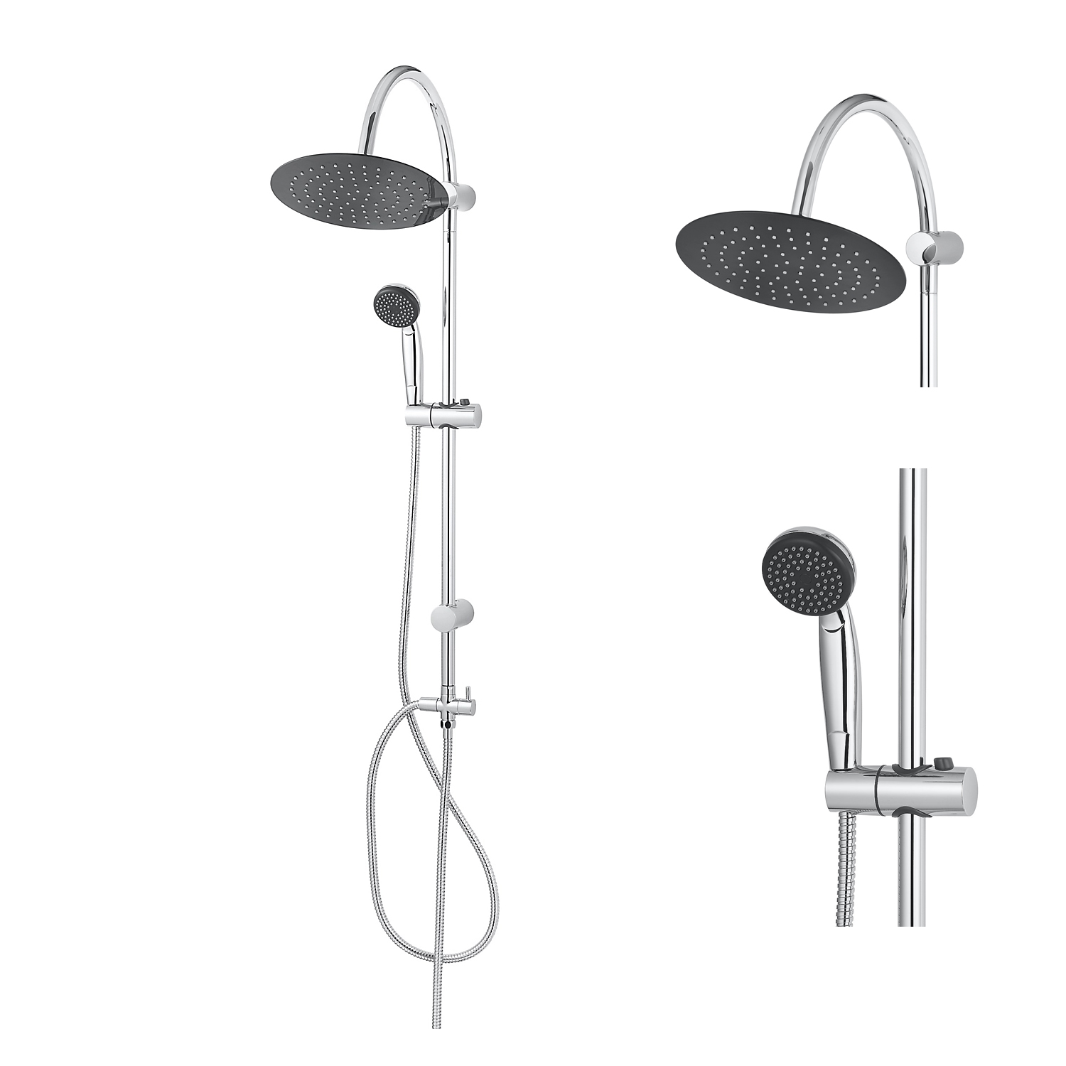 Eurospring SK-09 chrome shower column with round overhead rain shower head on curved gooseneck arm, hand shower and flexible hose on 304 stainless steel riser