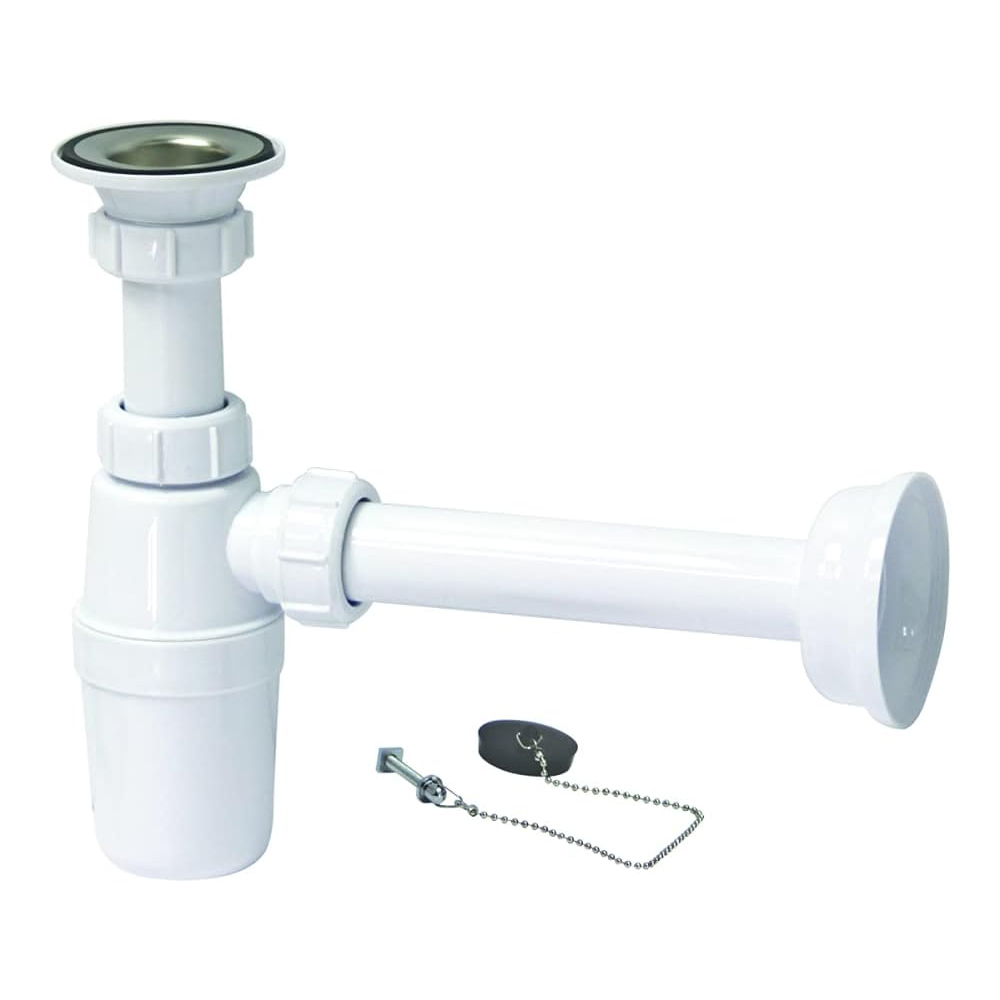 Eurospring white PVC bottle trap — shared image for SP-01 (1-1/4 inch wash basin) and SP-04 (1-1/2 inch kitchen sink)