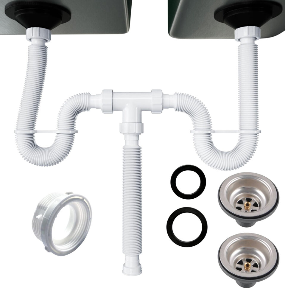 Eurospring SP-07 1-1/2 inch double-bowl flexible waste hose kit — twin stainless steel basket strainers, white PVC Y-junction and corrugated waste hoses for double kitchen sink install
