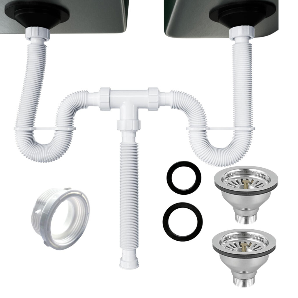 Eurospring SP-10 double-bowl kitchen sink drainage kit — twin 11cm stainless basket strainers, Y-junction and flexible corrugated white PVC waste hoses