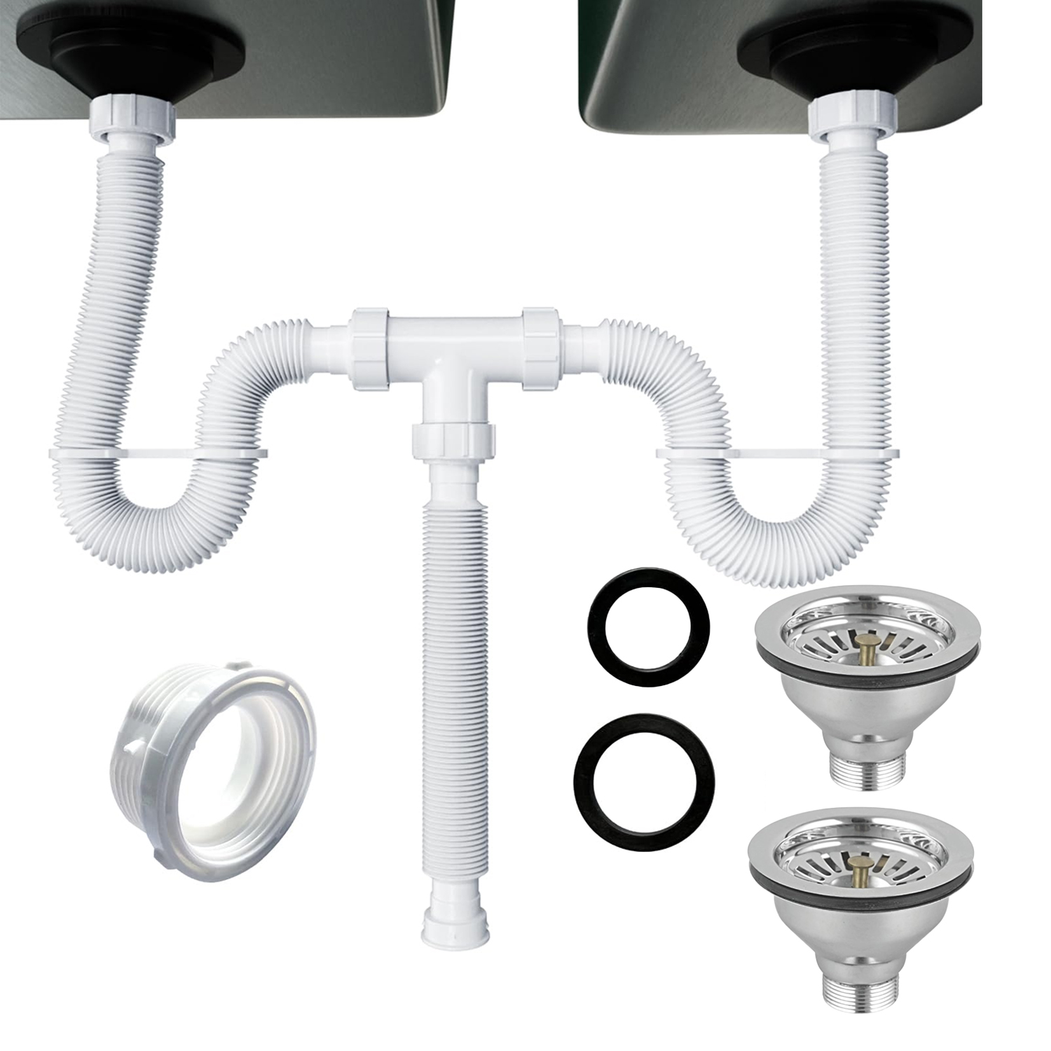 Eurospring SP-10 double-bowl kitchen sink drainage kit — twin 11cm stainless basket strainers, Y-junction and flexible corrugated white PVC waste hoses