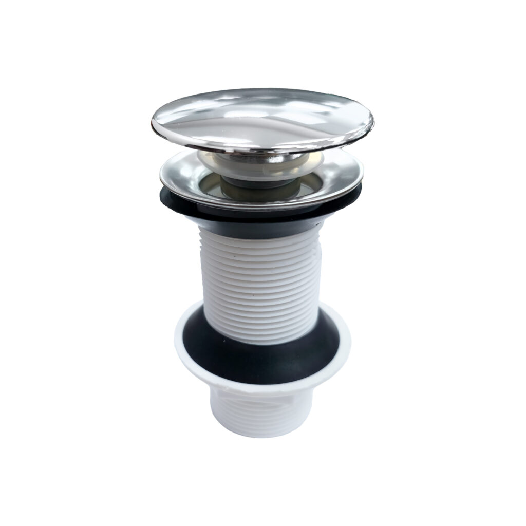 Eurospring SP-11 1-1/4 inch chrome dome pop-up waste for wash basin — polished chrome cap and seat plate on white PVC threaded body