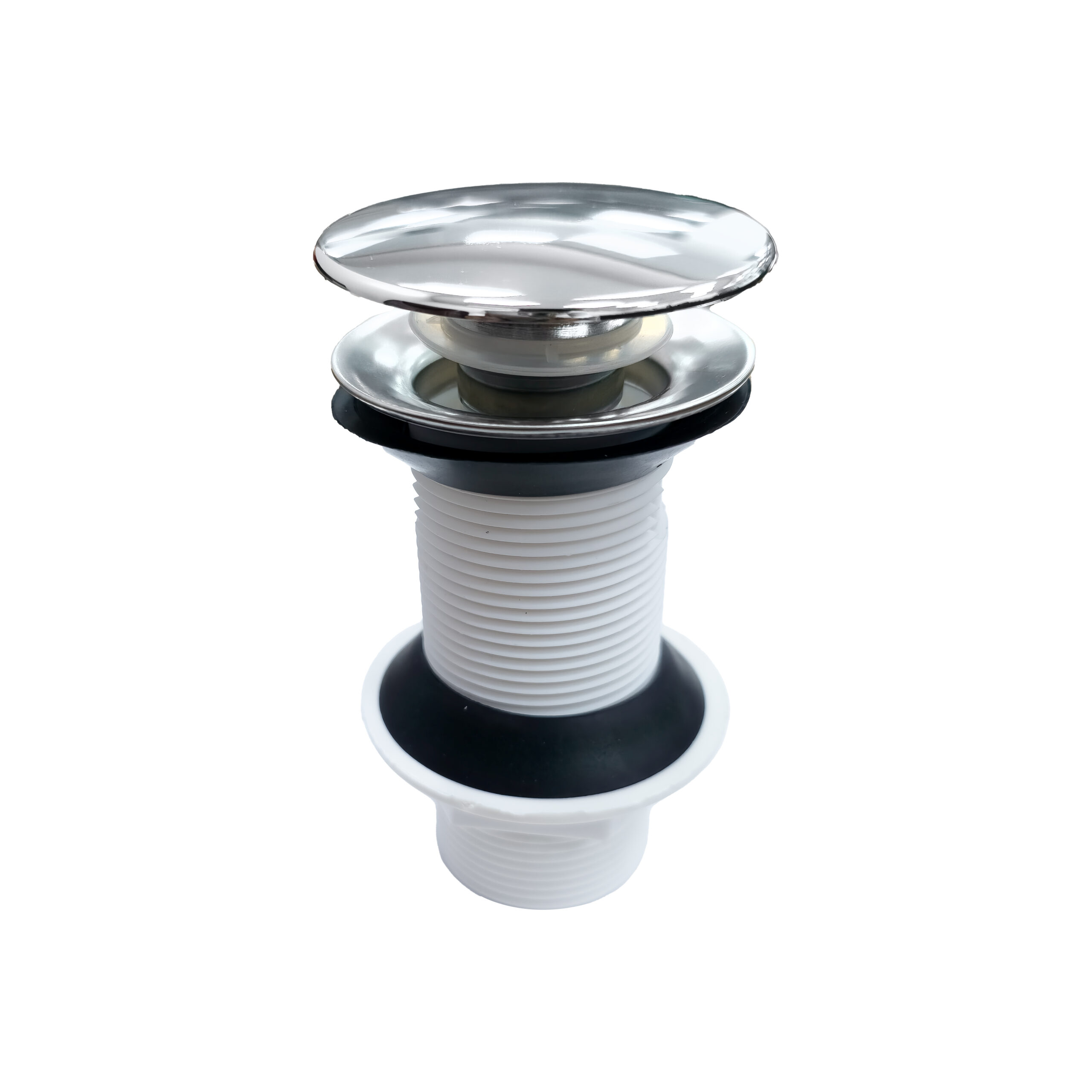 Eurospring SP-11 1-1/4 inch chrome dome pop-up waste for wash basin — polished chrome cap and seat plate on white PVC threaded body