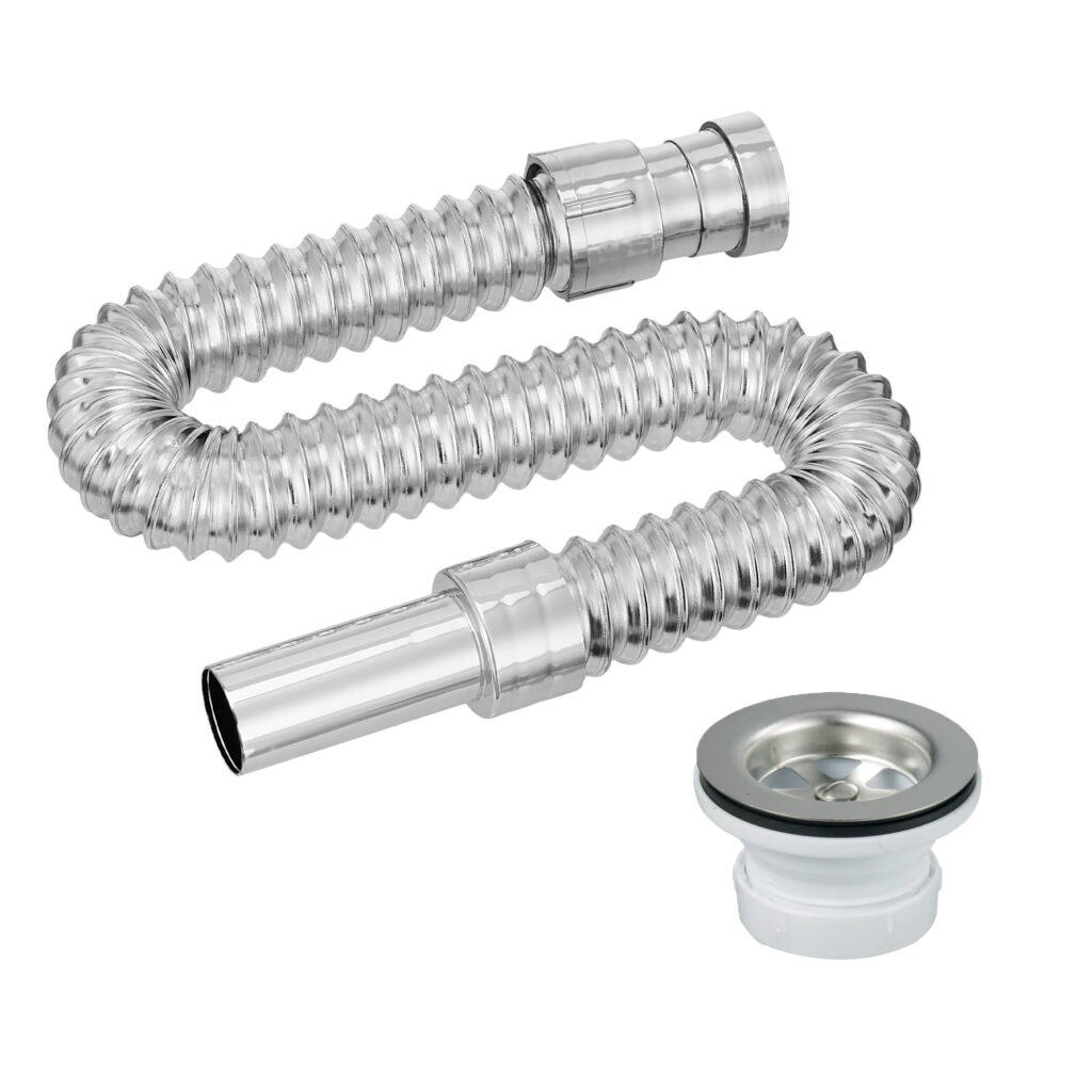 Eurospring SP-12 1-1/4 inch chrome-look flexible wash basin waste hose — corrugated chrome plastic body with stainless steel basket strainer and white PVC outlet connector