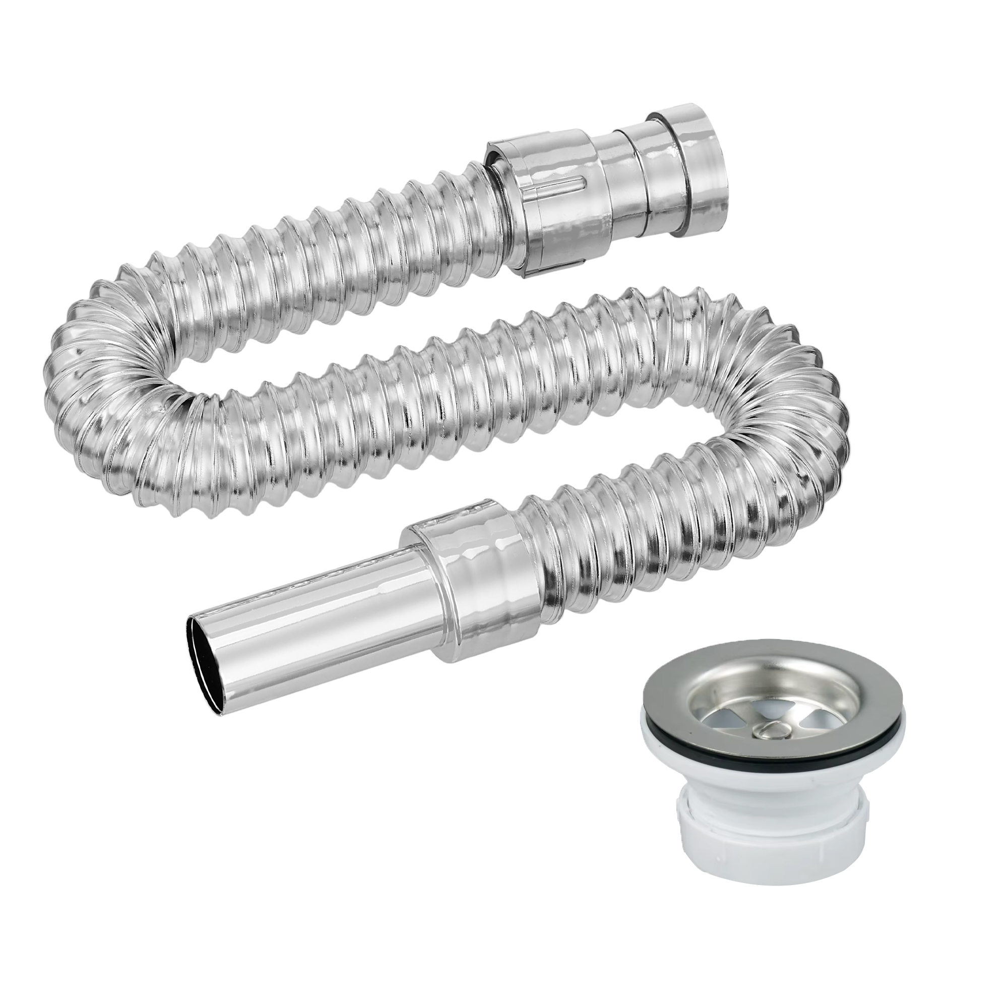Eurospring SP-12 1-1/4 inch chrome-look flexible wash basin waste hose — corrugated chrome plastic body with stainless steel basket strainer and white PVC outlet connector