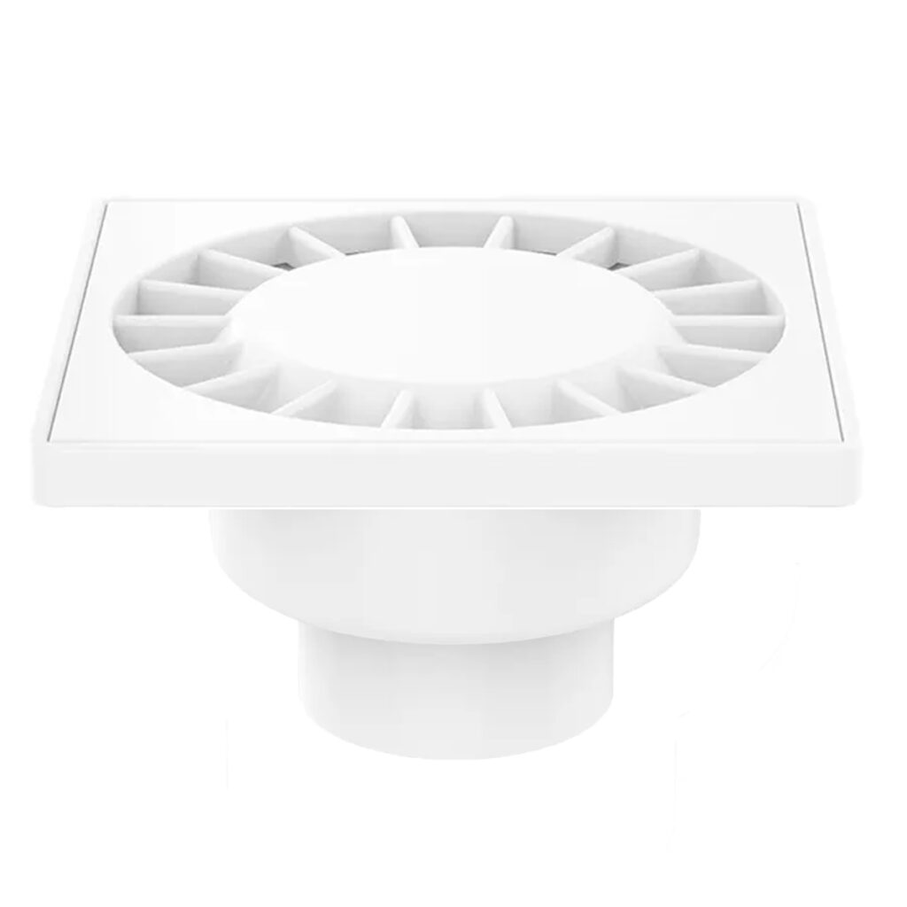 Eurospring SP-25 15x15cm white PVC square floor drain — corrosion-resistant ground-installed bathroom or kitchen drain plate