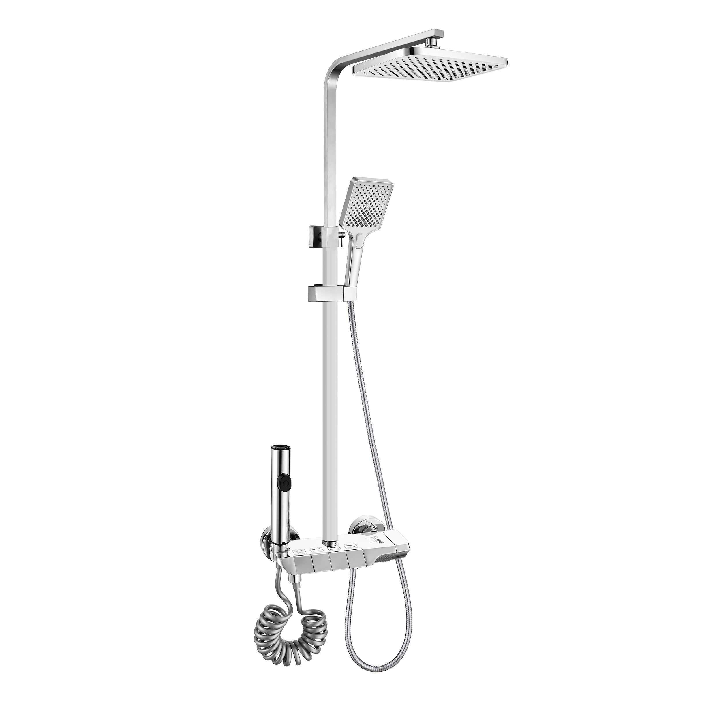 Eurospring 4-in-1 Push-Button Square Shower Column Set with Rain Head, Hand Shower, Shattaf and Bath Tap — Chrome (SQ-036)