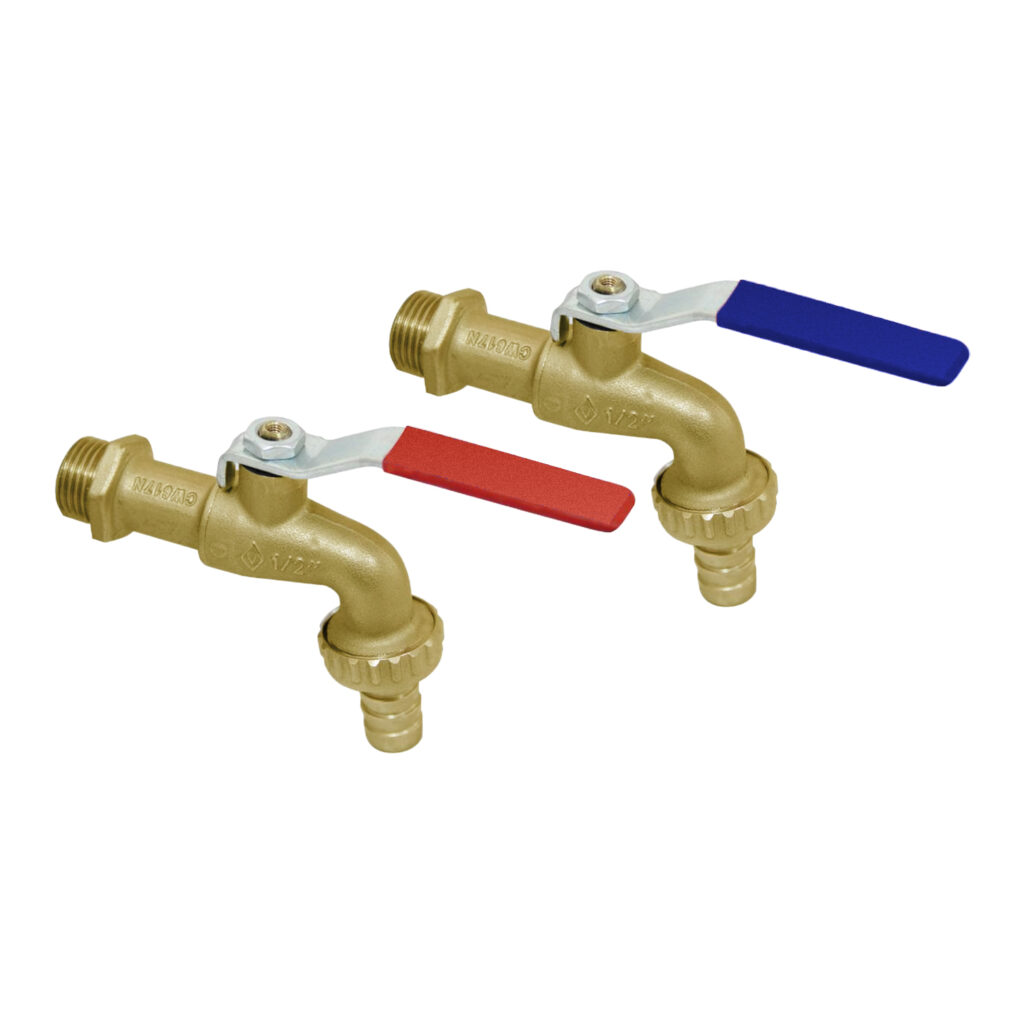 Eurospring SV-04 pack of two 1/2 inch bare brass bib cocks with red (hot) and blue (cold) quarter-turn lever handles and hose-nozzle outlets