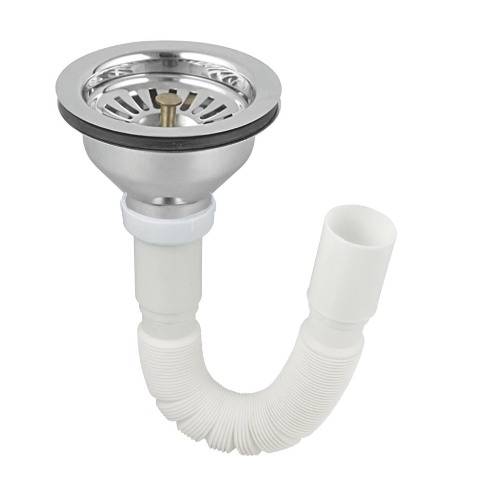 Eurospring SP-09 single-bowl kitchen sink drainage kit — 11cm stainless steel basket strainer with flexible corrugated white PVC waste hose