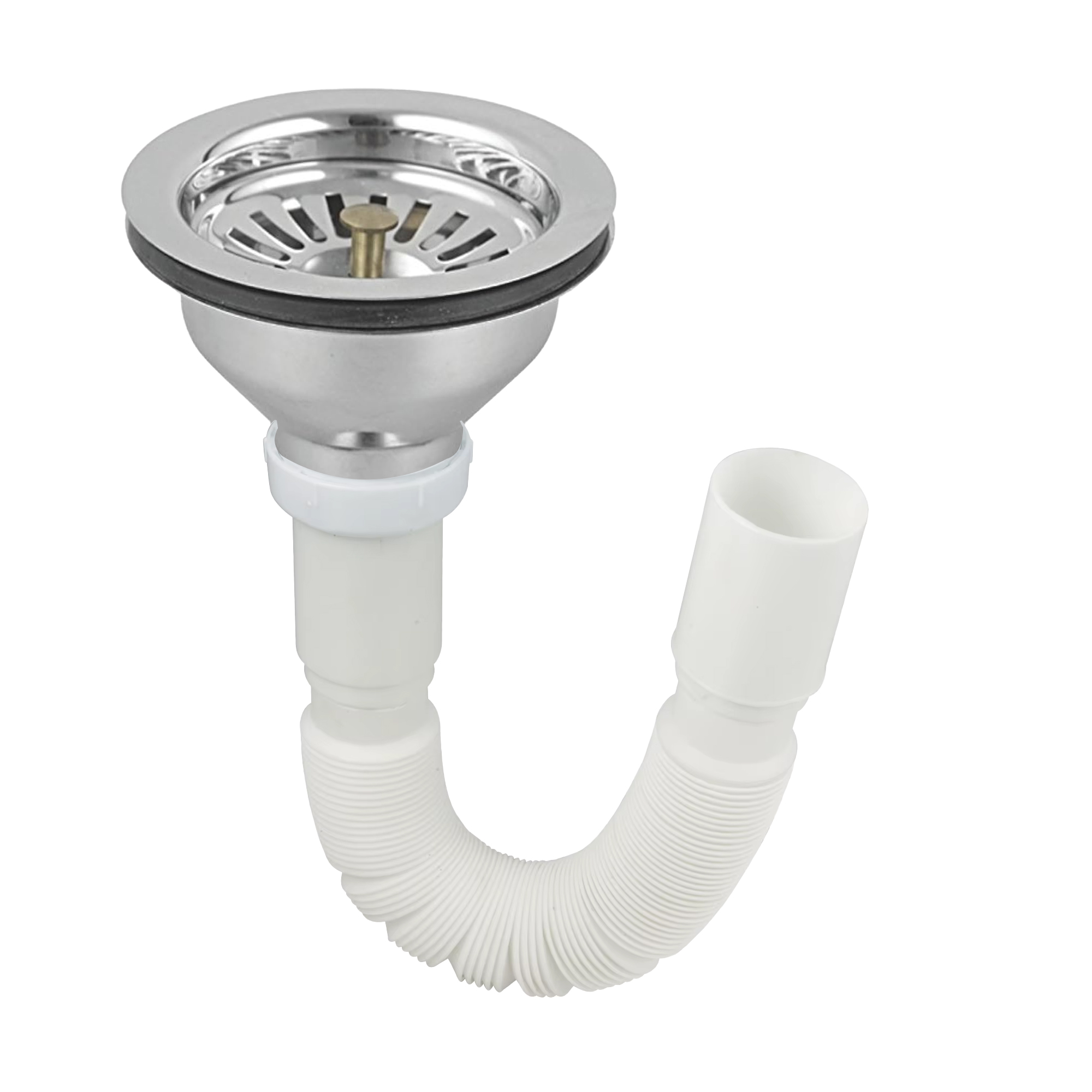 Eurospring SP-09 single-bowl kitchen sink drainage kit — 11cm stainless steel basket strainer with flexible corrugated white PVC waste hose