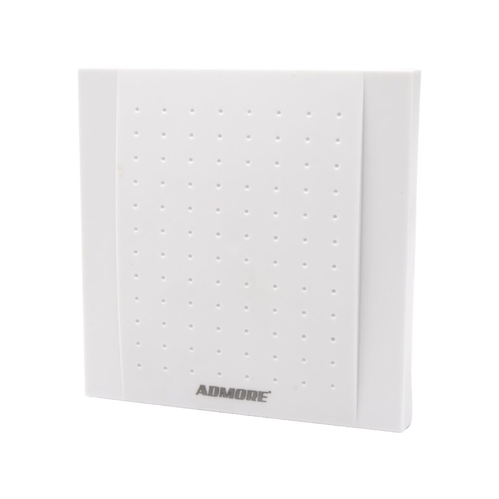 Admore A-DB02 wired electronic door chime with 12 selectable melodies — square white PVC enclosure with fine pinhole speaker-grille face, AC-powered