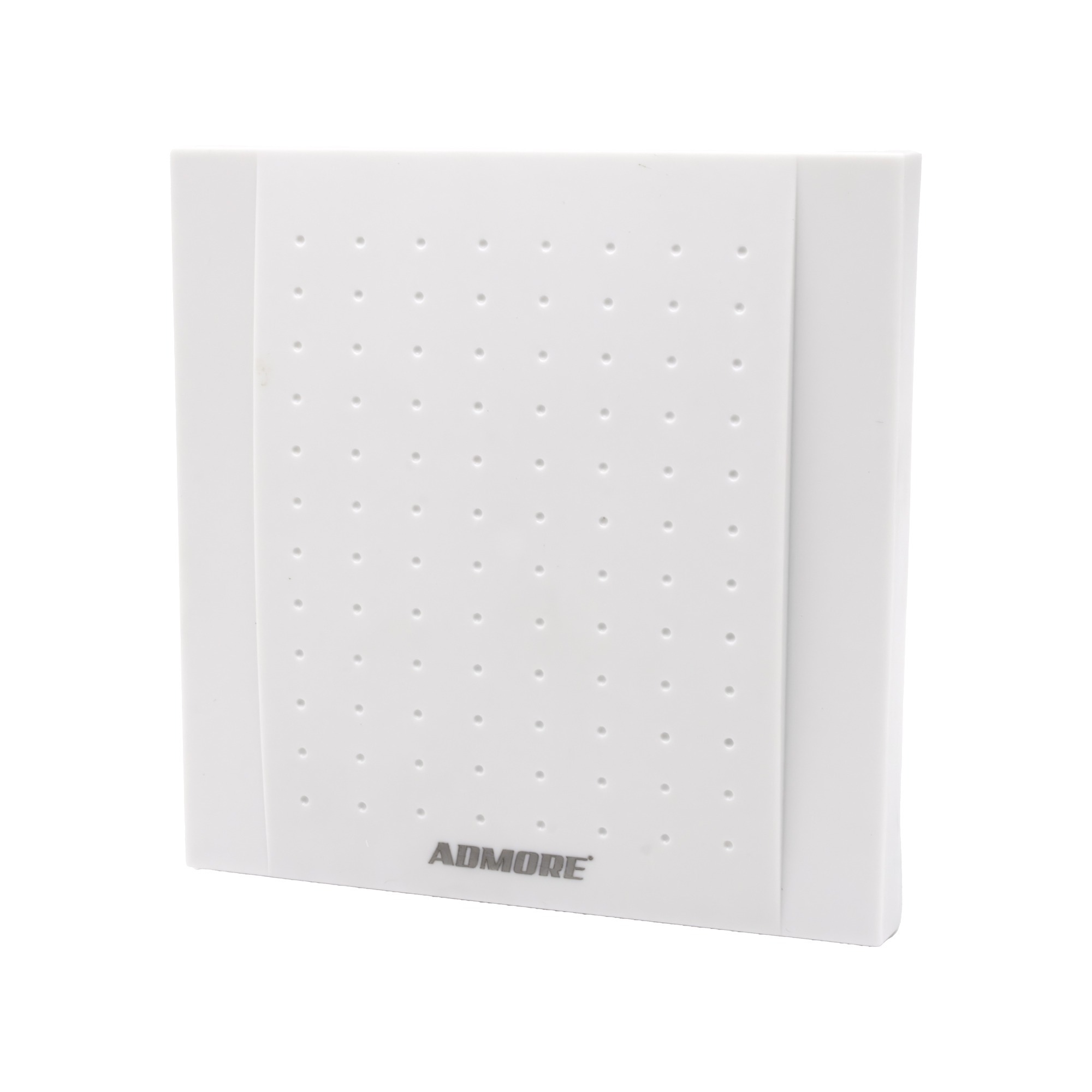 Admore A-DB02 wired electronic door chime with 12 selectable melodies — square white PVC enclosure with fine pinhole speaker-grille face, AC-powered