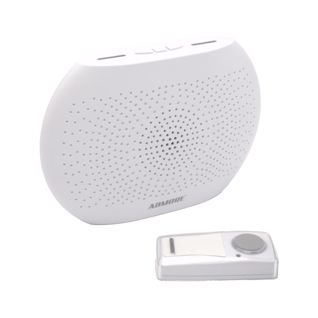 Admore A-DB06 wireless DC door chime receiver — white PVC in rounded / oval form factor with fine pinhole speaker-grille front face, battery-powered 100m range