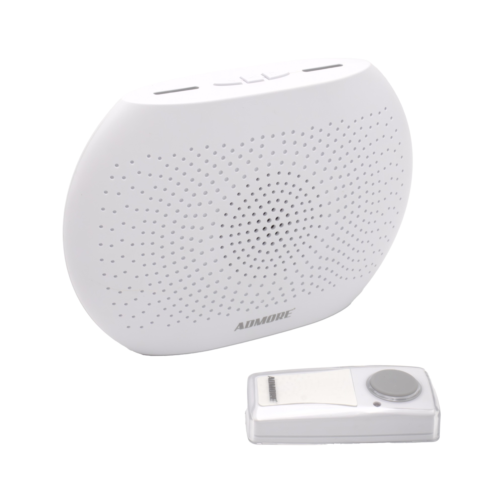 Admore A-DB06 wireless DC door chime receiver — white PVC in rounded / oval form factor with fine pinhole speaker-grille front face, battery-powered 100m range