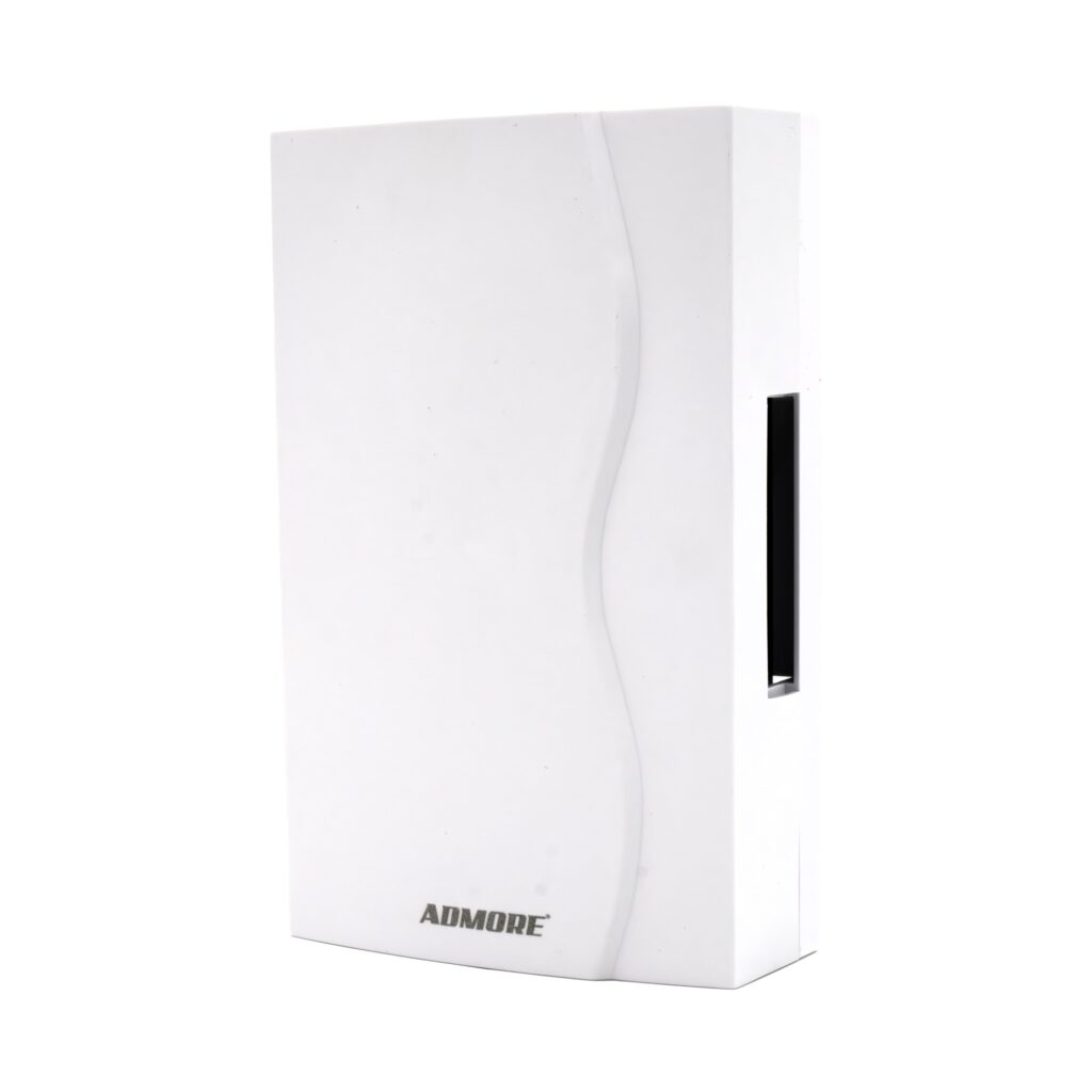 Admore A-DB03 wired mechanical ding-dong door chime — vertical white PVC enclosure with distinctive wavy S-curve molded front panel and slim side chime cavity, AC-powered classic two-tone