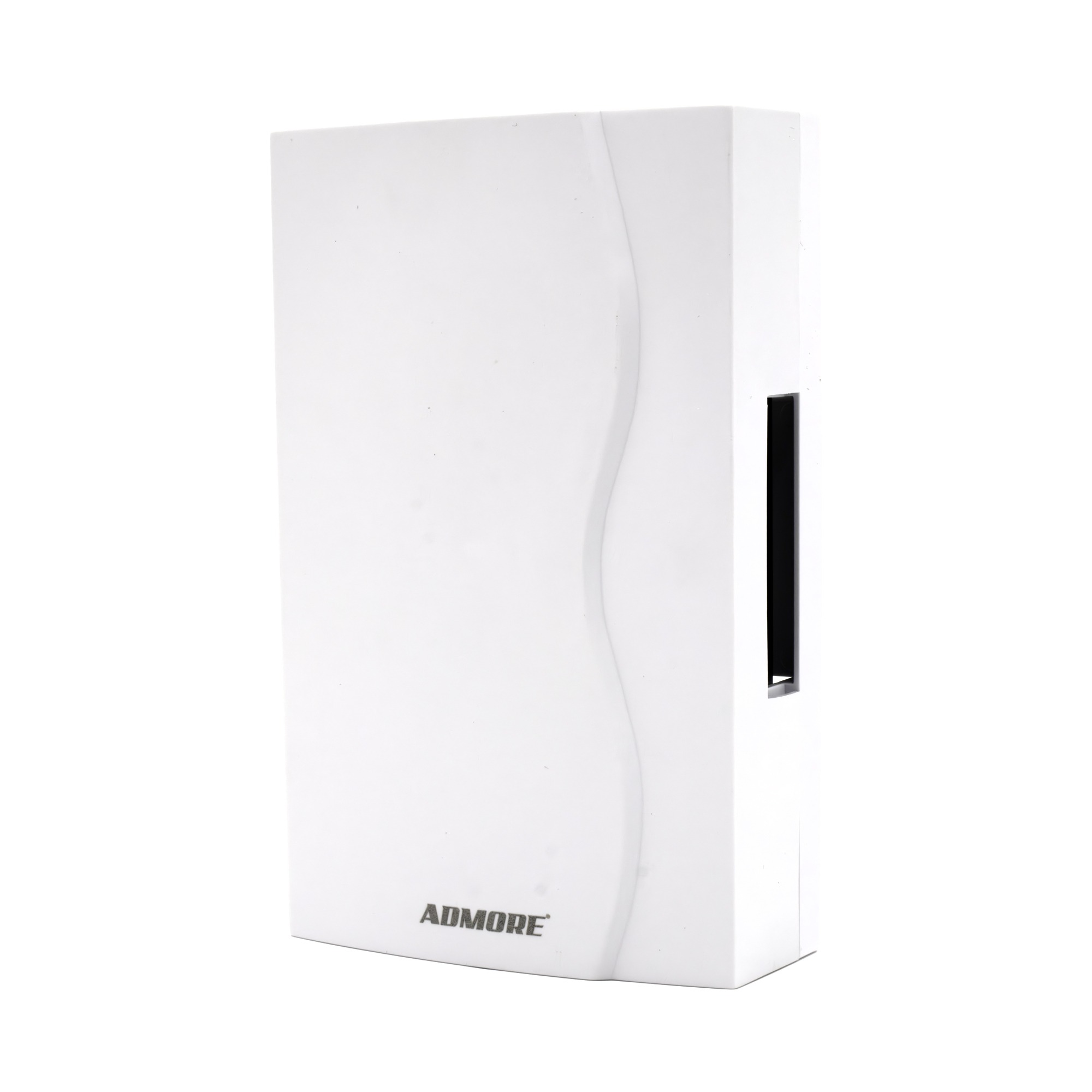Admore A-DB03 wired mechanical ding-dong door chime — vertical white PVC enclosure with distinctive wavy S-curve molded front panel and slim side chime cavity, AC-powered classic two-tone