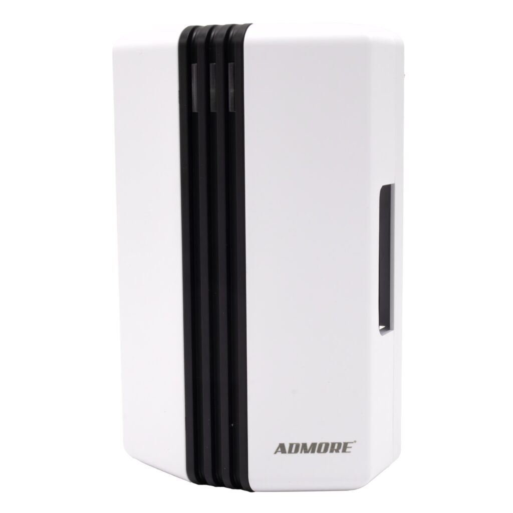 Admore A-DB04 wired mechanical AC door chime — vertical white PVC enclosure with distinctive black vertical accent strips on the left side and slim side chime cavity, solenoid-strike two-tone