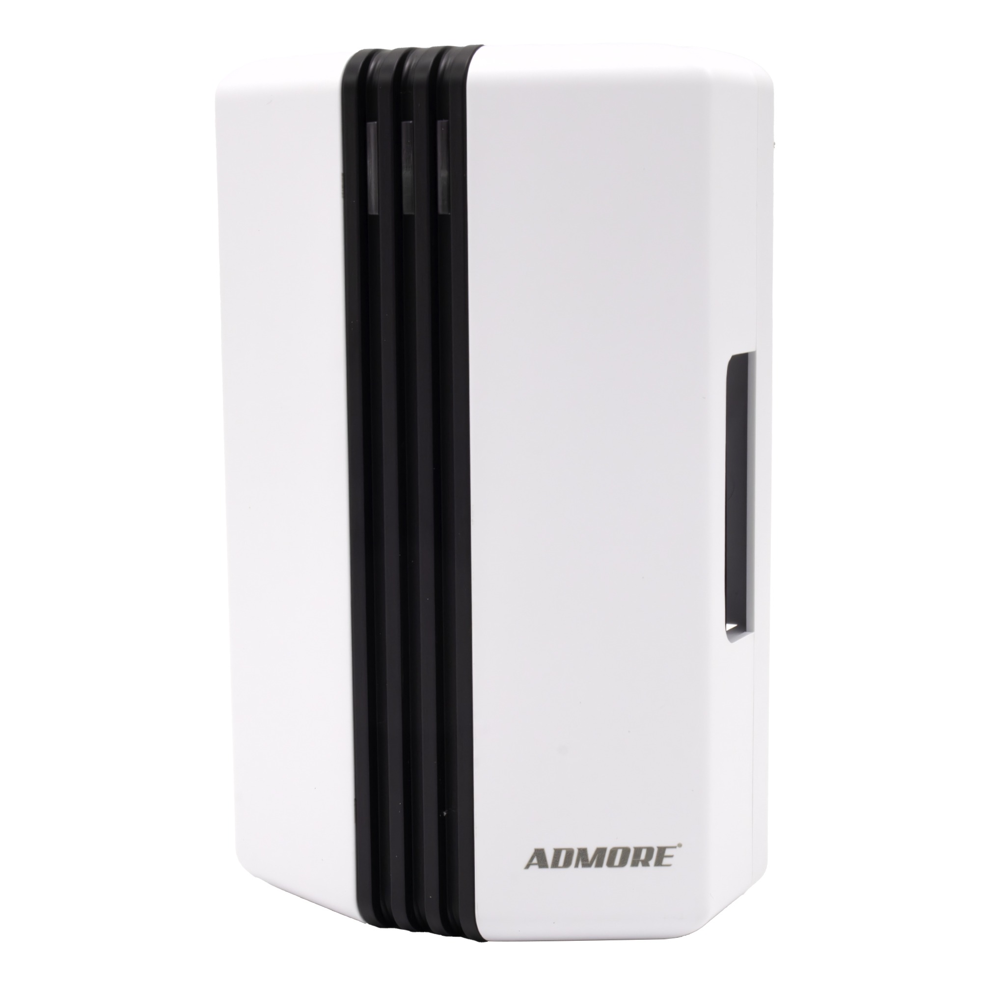 Admore A-DB04 wired mechanical AC door chime — vertical white PVC enclosure with distinctive black vertical accent strips on the left side and slim side chime cavity, solenoid-strike two-tone
