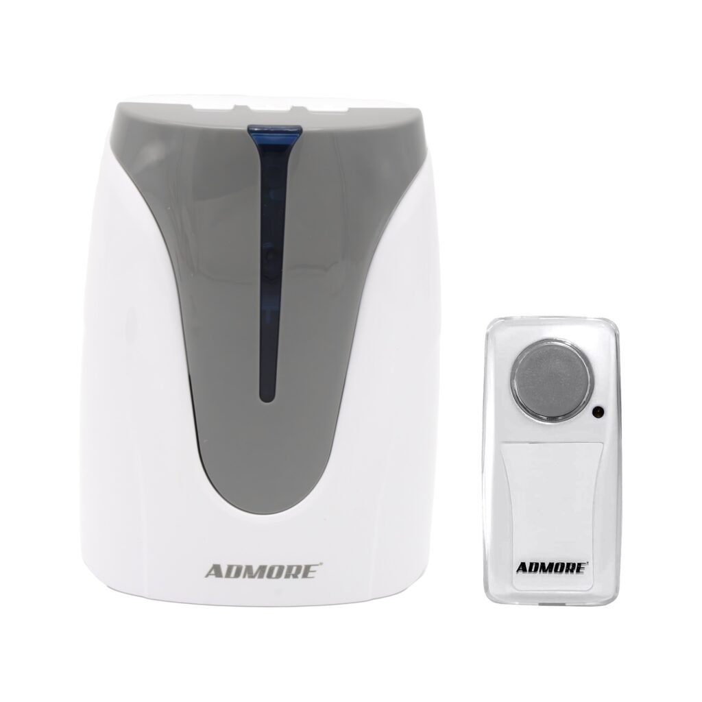 Admore A-DB07 wireless electronic DC door chime kit — white PVC receiver with curved grey gloss front panel and slim blue LED indicator stripe, plus included small wireless push button transmitter