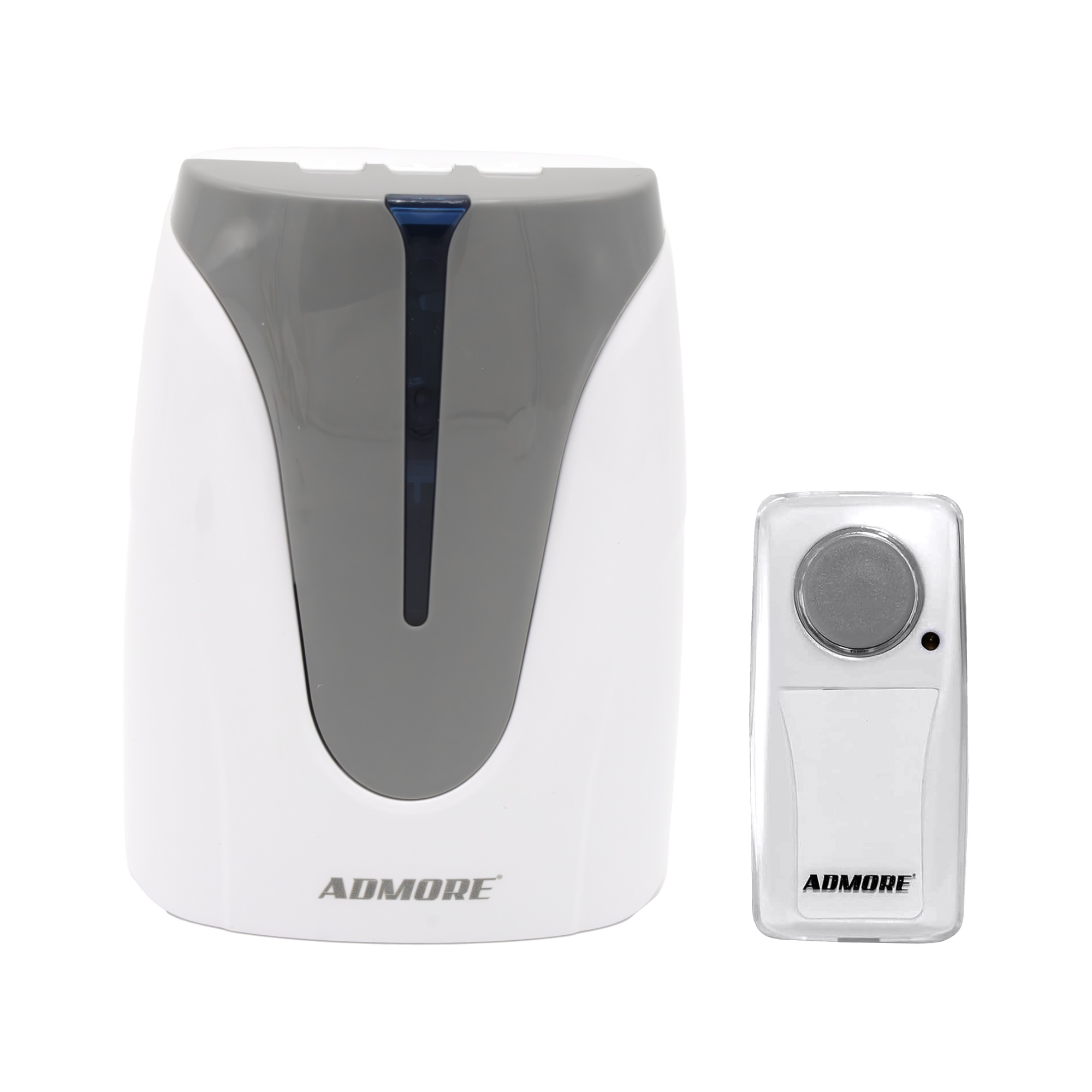 Admore A-DB07 wireless electronic DC door chime kit — white PVC receiver with curved grey gloss front panel and slim blue LED indicator stripe, plus included small wireless push button transmitter