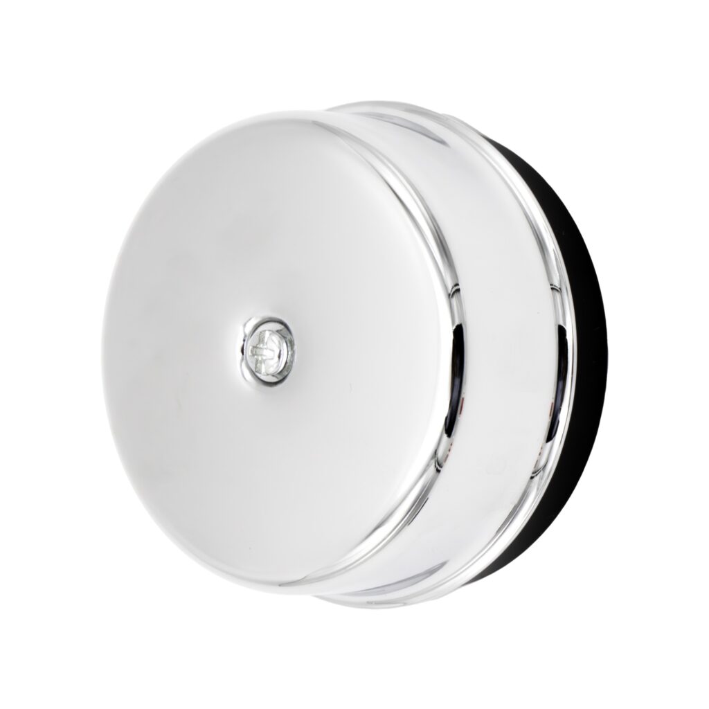 Admore A-DB12 wired mechanical chrome dome bell door chime — traditional round bell housing in polished chrome on black backplate, AC-powered