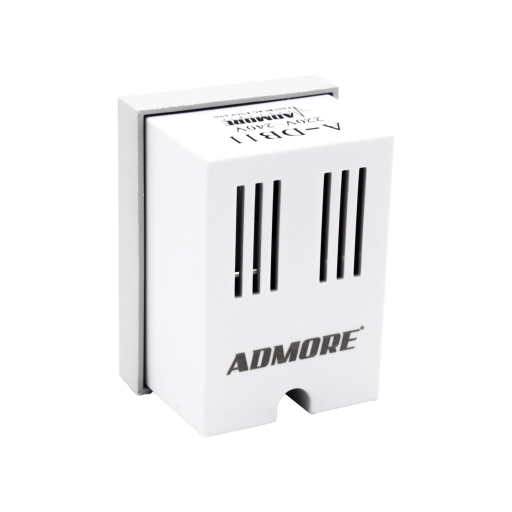 Admore A-DB11 wired buzzer door chime — compact white PVC vertical box with twin vertical vent-slot groups on the front, AC-powered mechanical buzzer
