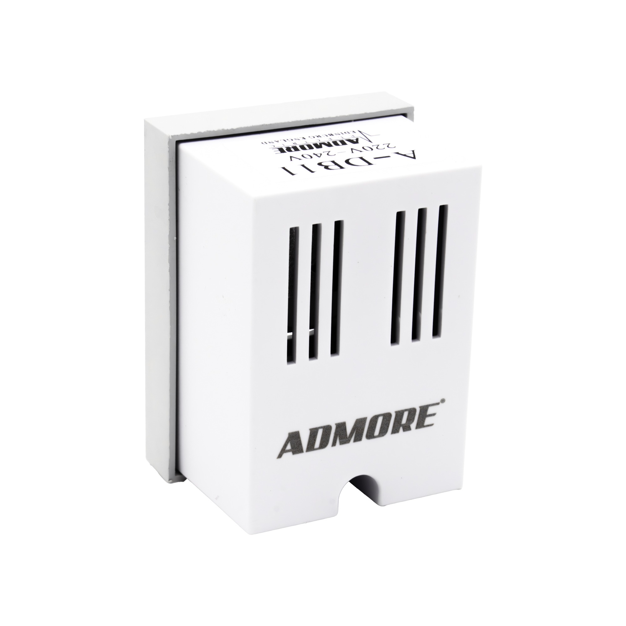 Admore A-DB11 wired buzzer door chime — compact white PVC vertical box with twin vertical vent-slot groups on the front, AC-powered mechanical buzzer