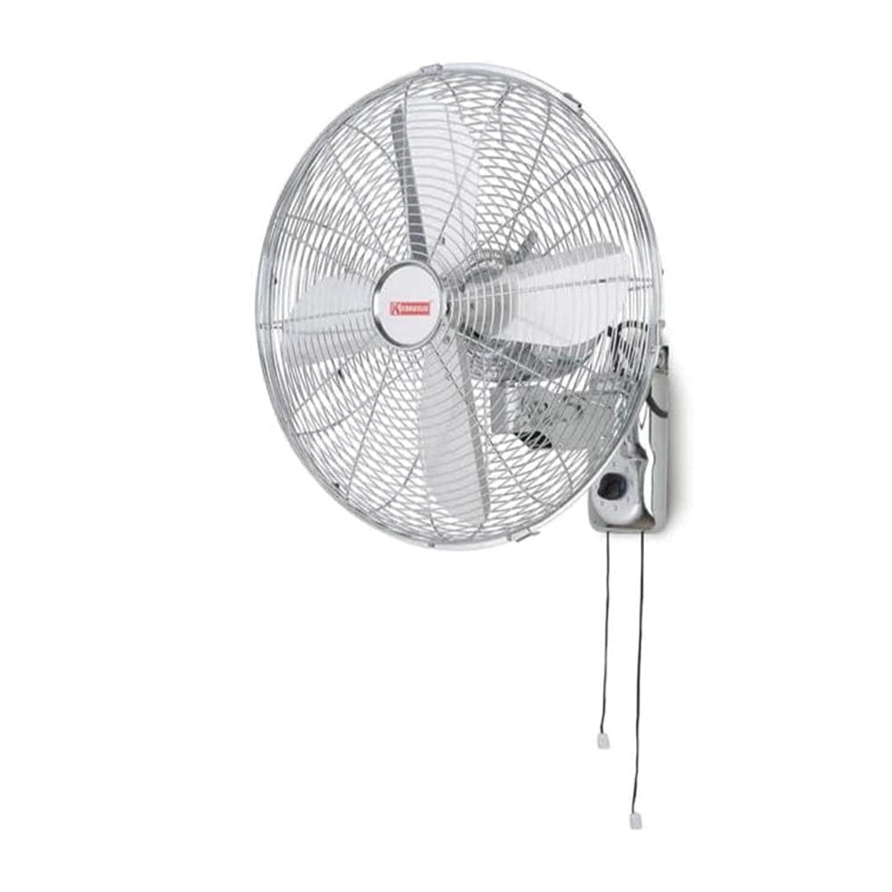 Khaleegia K-W45 18-inch stainless steel wall-mounted fan with four aluminum blades, wire-mesh chrome grill and pull-cord control on a slim wall bracket, three-quarter front view