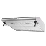 Admore A-KH60S 60cm stainless steel cooker hood three-quarter view showing top vent and duct outlet