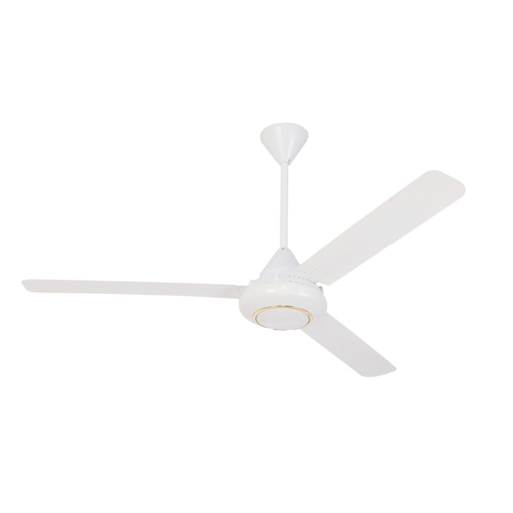 Airex XCF56G-2 56-inch white downrod ceiling fan with three white mild-metal blades and a gold-trimmed white motor housing, three-quarter view