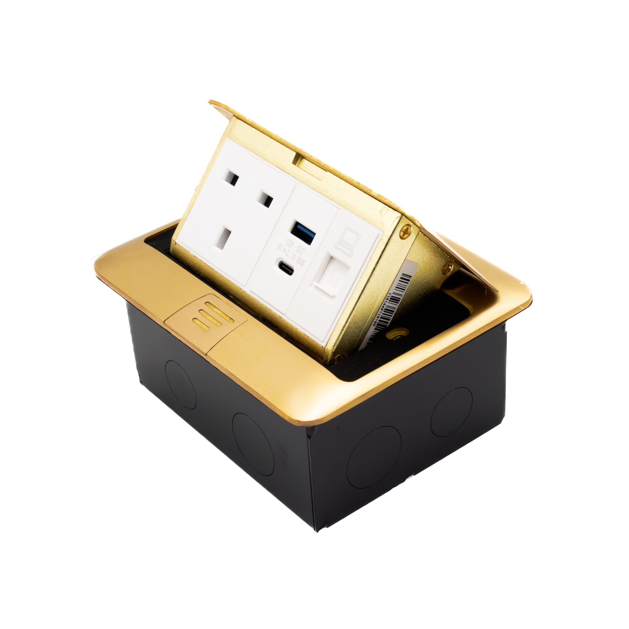 Admore AP-19G 1 gang 13A brushed gold pop-up floor socket with UK Type G outlet, USB-A, USB-C, and RJ45 data port