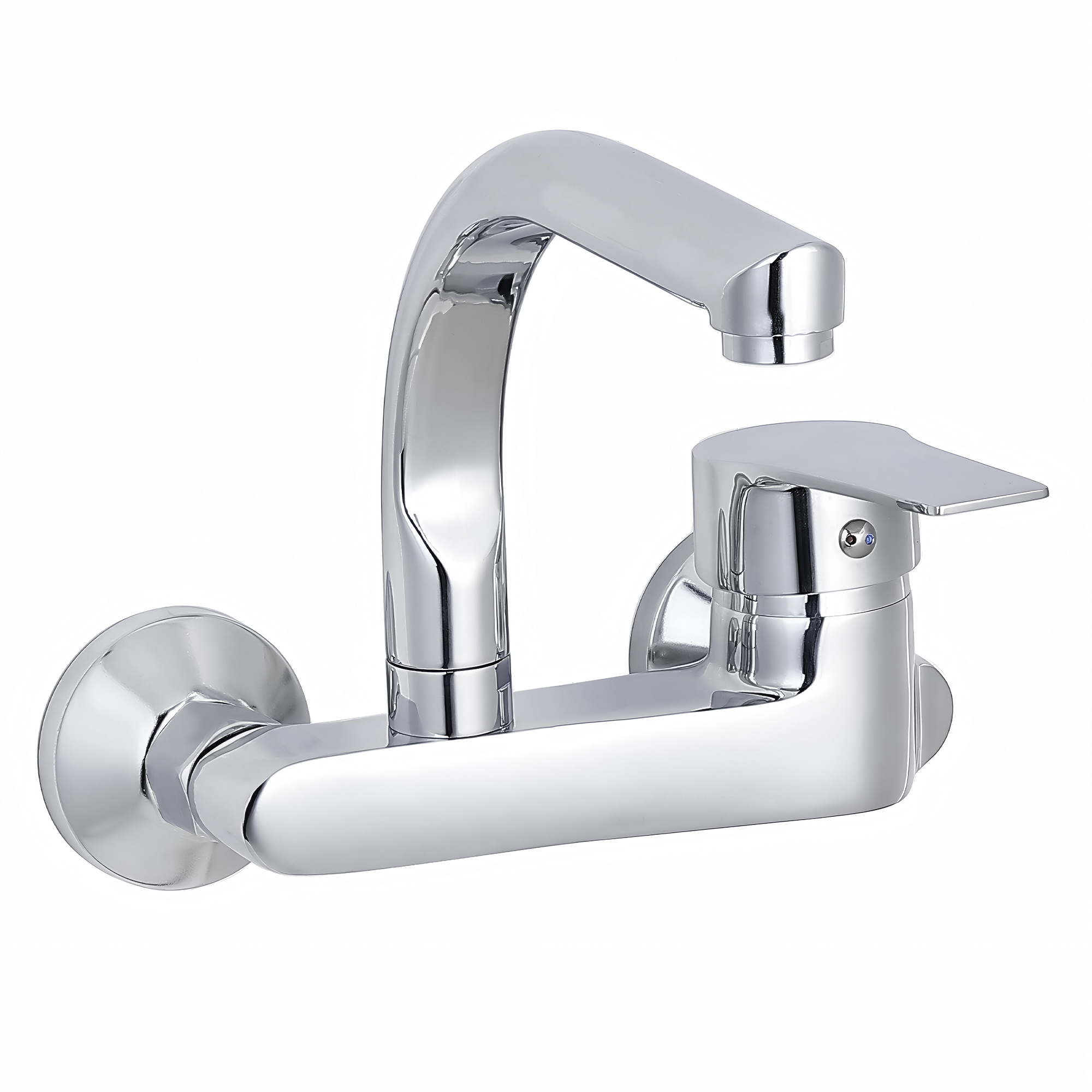 Eurospring Wall-Mounted Kitchen Sink Mixer with High-Arc Swivel Spout — Solid Brass, Chrome (E-FM4)