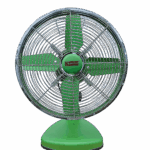 Khaleegia K-30TGF 12-inch slim green metal table fan with chrome wire-mesh grill and green wedge-shaped base, front view