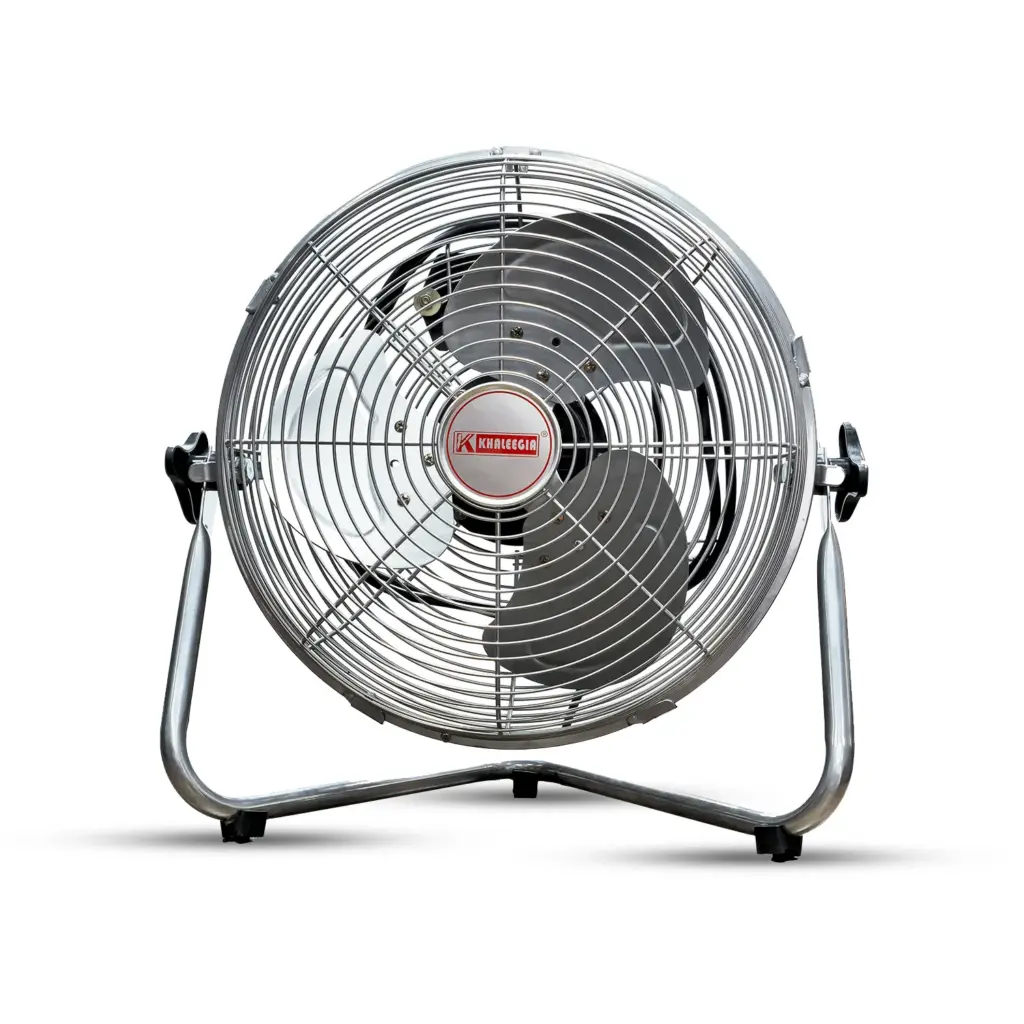 Khaleegia KD-30 12-inch chrome high-velocity floor fan with three aluminum blades on a wide chrome tubular floor cradle, front view