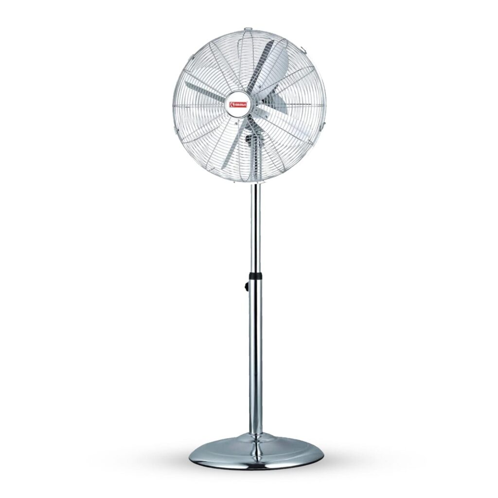 Khaleegia K-S45 18-inch chrome stainless steel pedestal fan with four aluminum blades, wire-mesh grill, telescoping chrome pole and round weighted base, front view