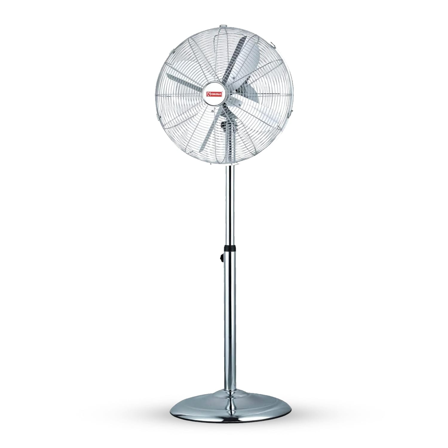 Khaleegia K-S45 18-inch chrome stainless steel pedestal fan with four aluminum blades, wire-mesh grill, telescoping chrome pole and round weighted base, front view